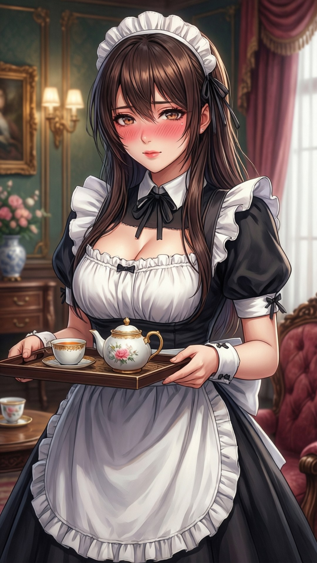 Maid for You 壁紙 — 一位年輕女僕穿著黑白荷葉邊制服，在裝飾華麗的復古客廳中，手持一個木托盤，上面放著一個花卉茶壺和杯子。