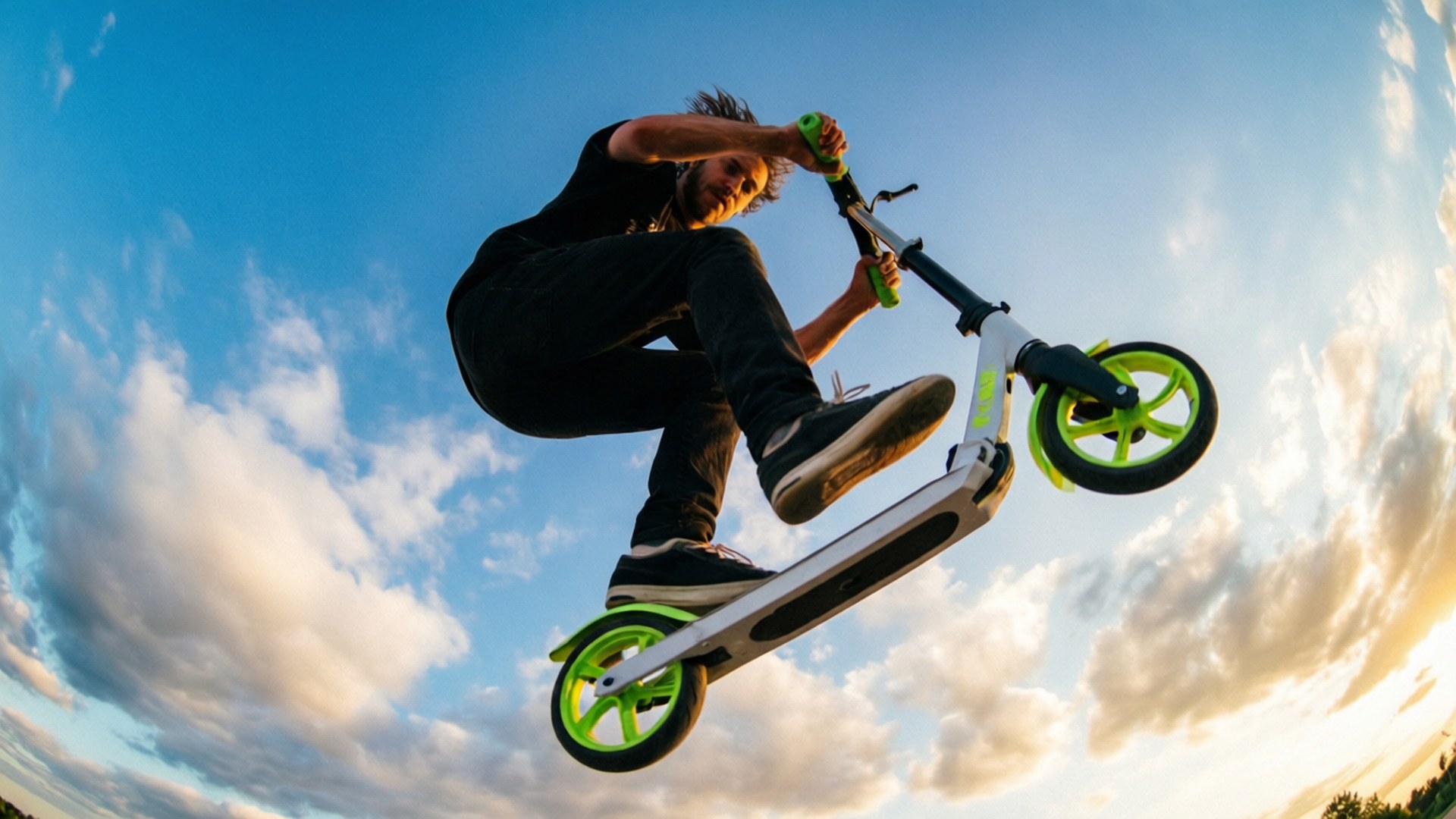 Freestyle Scootering 桌布 壁紙 — 一名年輕男子在萊姆綠色的滑板車上表演空中特技，背景是充滿活力的日落天空，散落著雲朵。