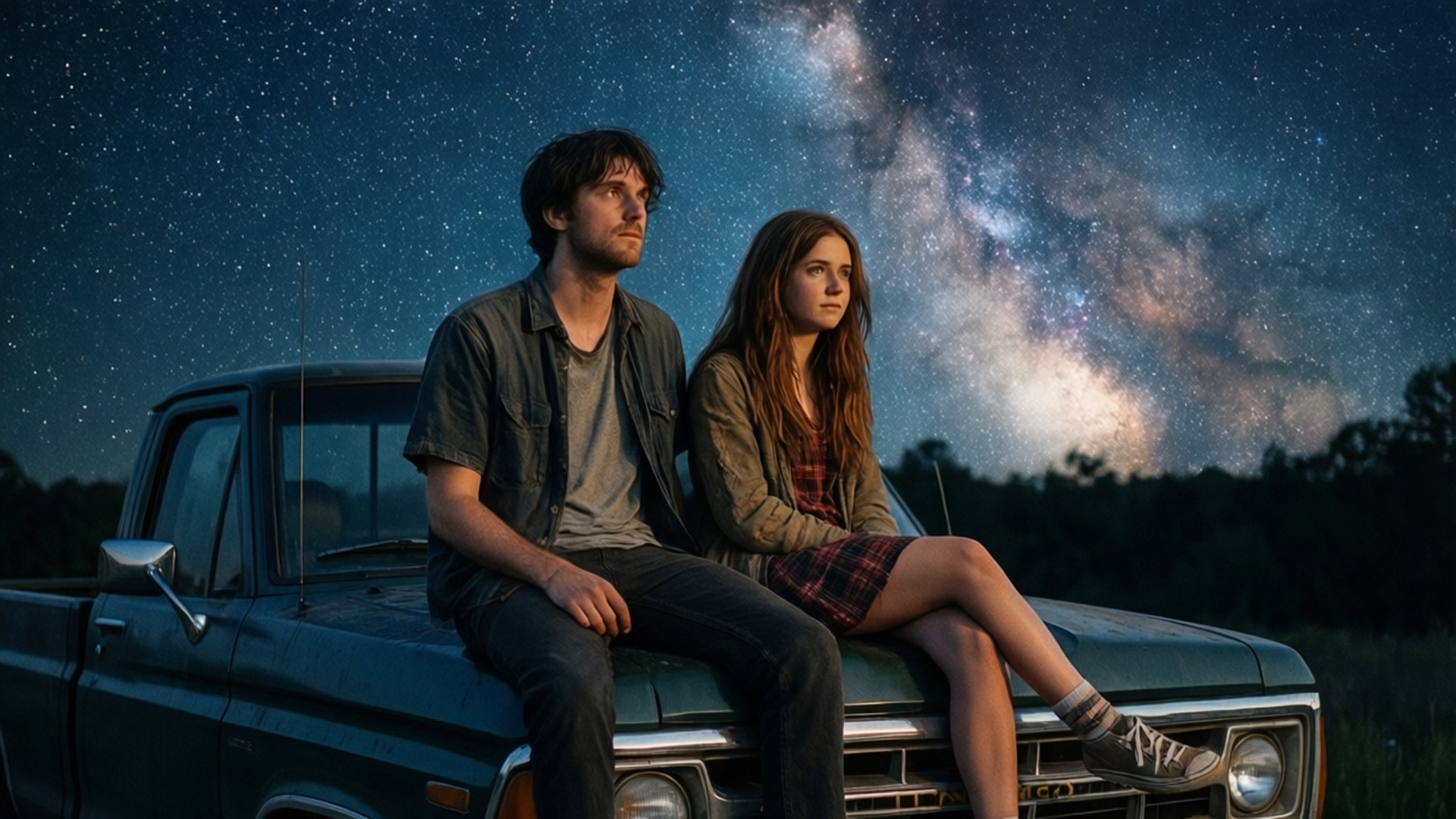 Stargazing Truck 壁紙 — 一對年輕男女並排坐在一輛復古卡車的引擎蓋上，頭頂上是令人驚嘆的星空，銀河在他們上方閃耀。