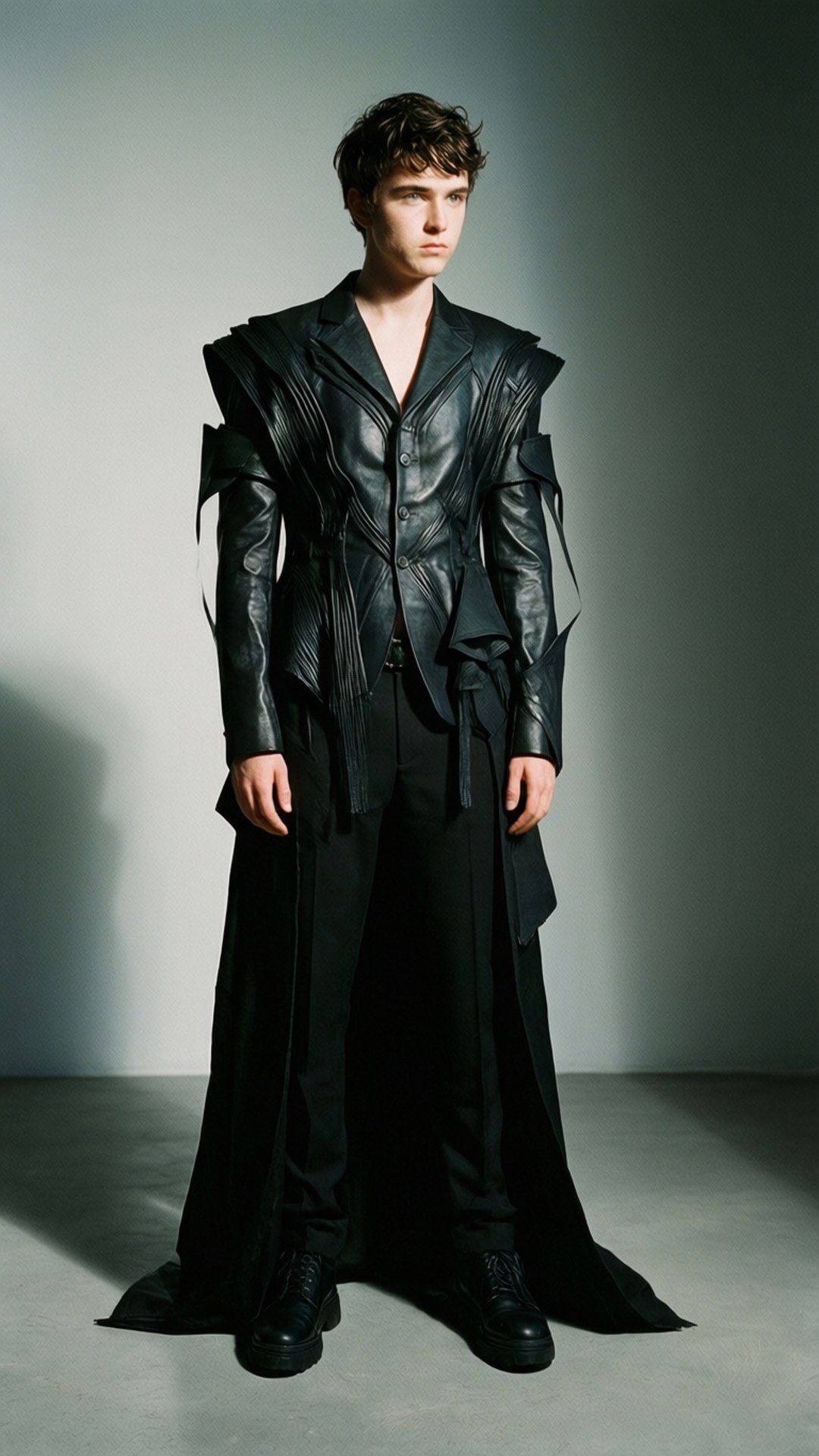 Avant-Garde Fashion Shoot 壁紙 — 一位身穿戲劇性黑色皮革服裝的年輕男子，站在極簡灰色工作室背景前。