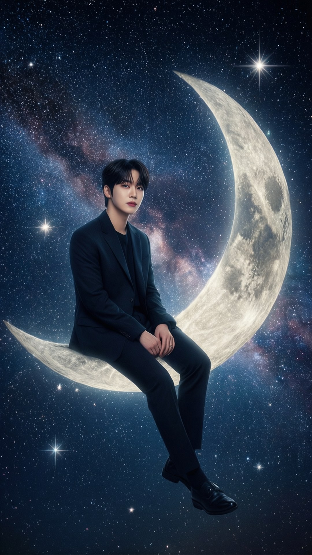 Celestial Jeonghan 壁紙 — 一位身穿黑色西裝的年輕男子平靜地坐在新月上，背景是星光燦爛的宇宙，有發光的星雲。
