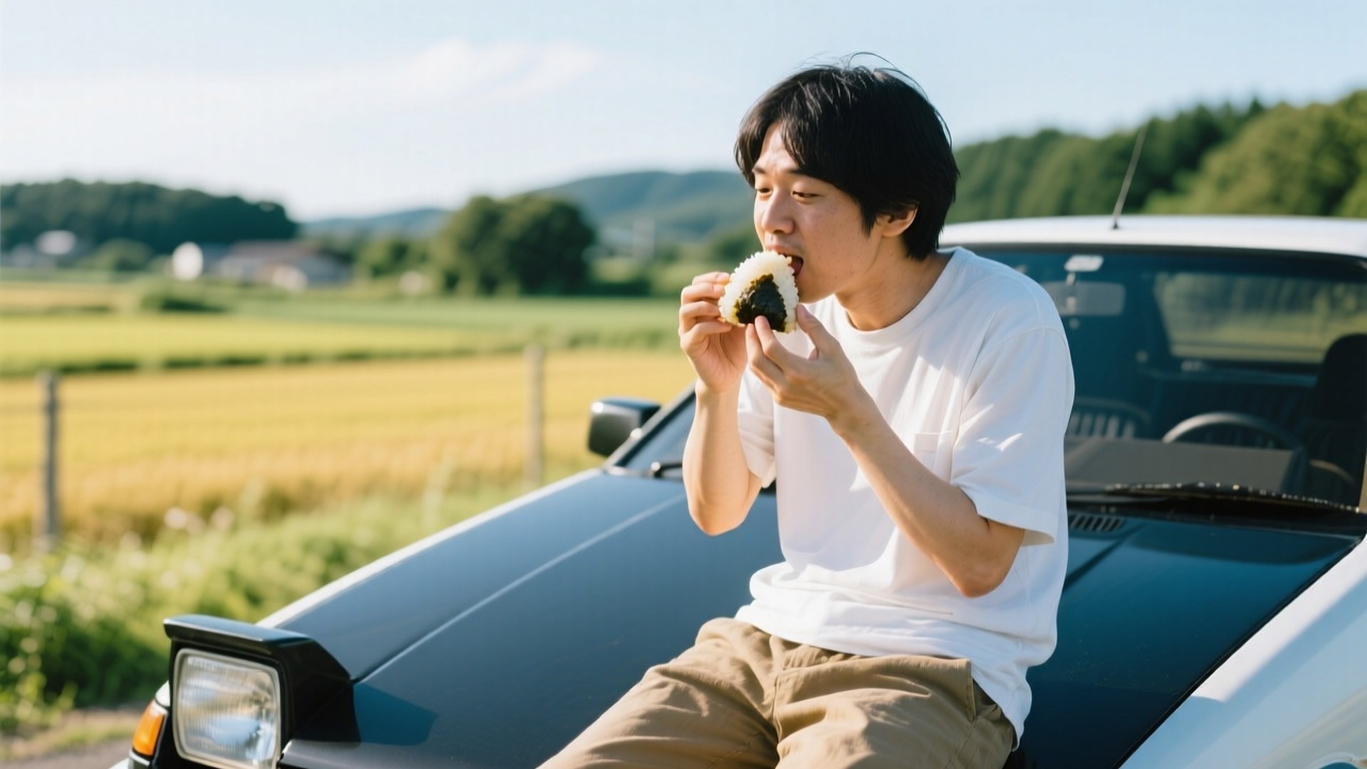 Rice Ball Break 壁紙 — 一個穿著白色T恤的年輕男子坐在經典汽車的引擎蓋上，在明亮的天空下，以金色田野和遠山為背景，吃著飯糰。
