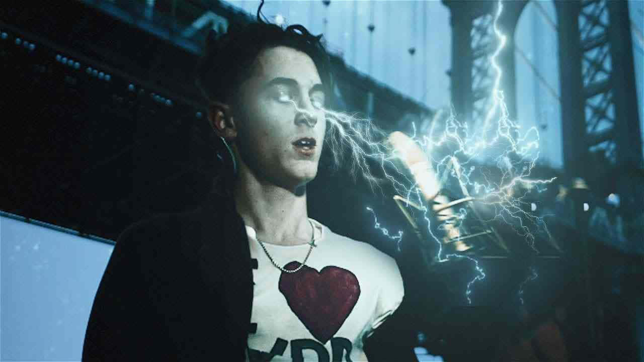  壁紙 — 一名年輕男子閉著眼睛，在昏暗的工業環境中從口中發出電光閃電。