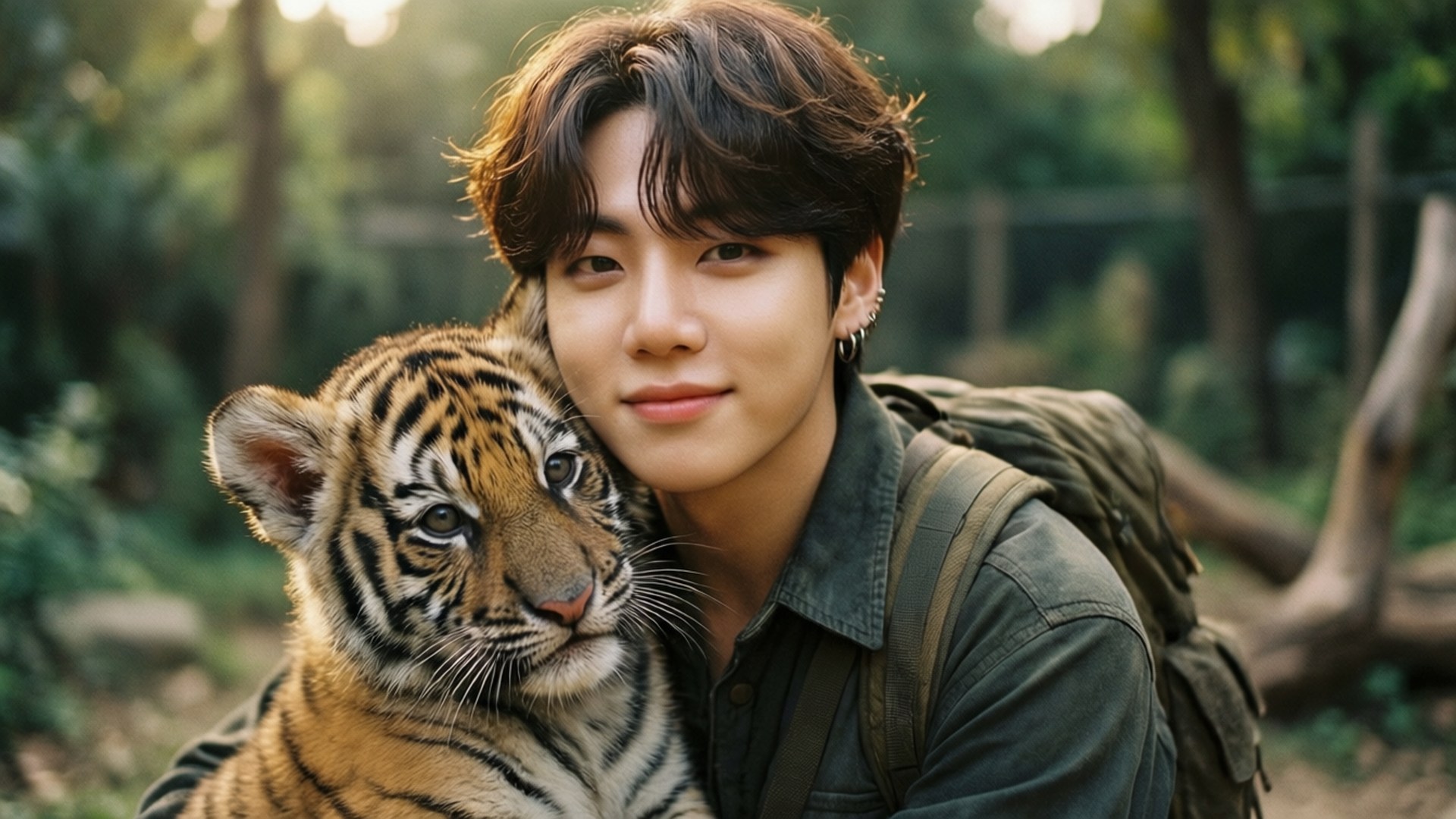 Bts Pfp 桌布 壁紙 — 一個背著背包的年輕男子在陽光明媚的森林空地中輕輕抱著一隻好奇的小老虎。