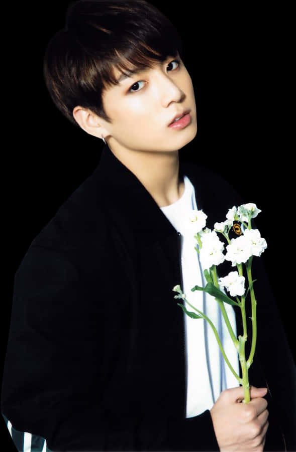年輕男子在黑色背景前身穿黑色外套手持白色鮮花。 — Bts 壁紙