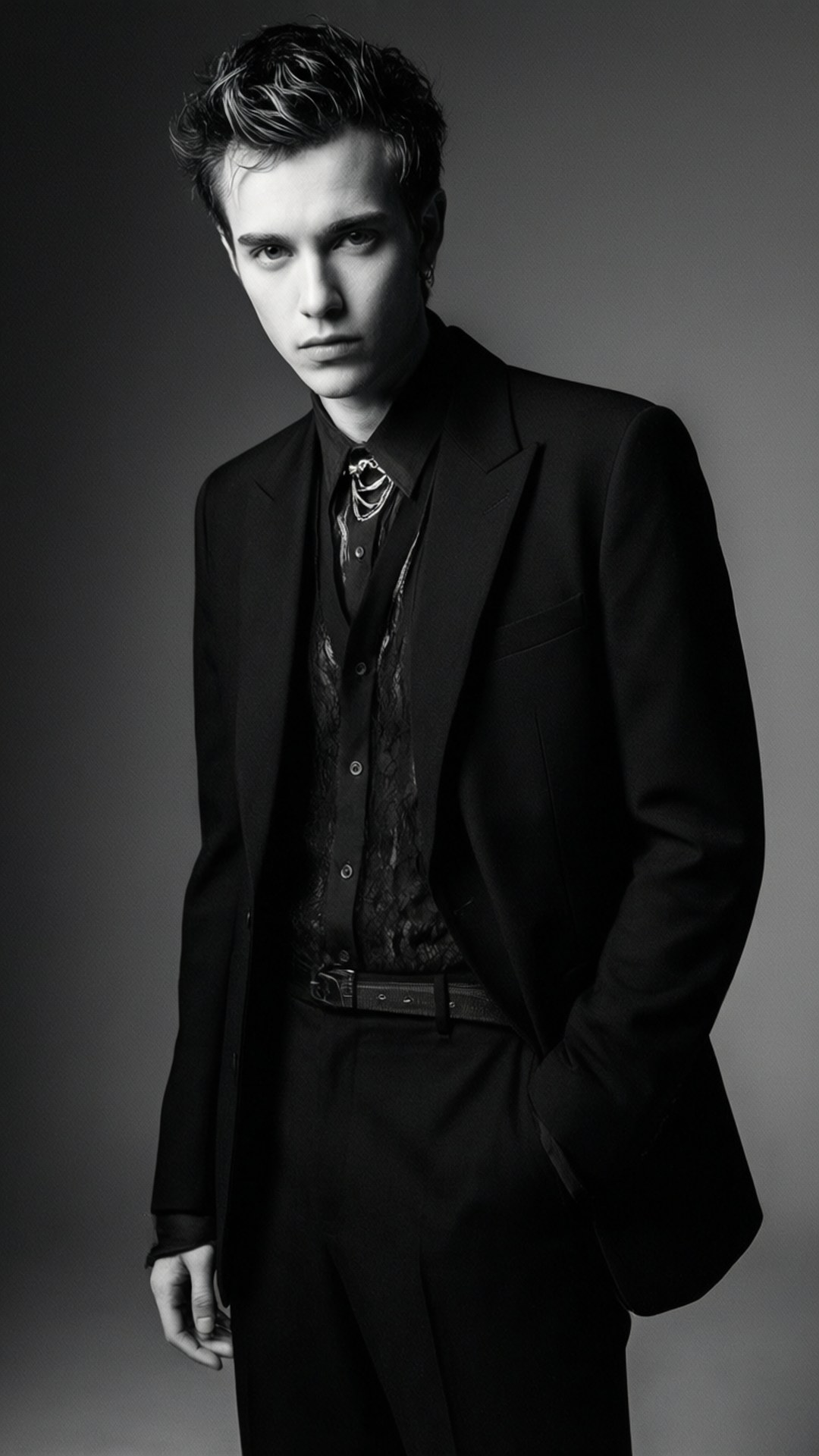 High Fashion Editorial 壁紙 — 一位年輕男子身穿俐落黑色西裝，搭配多層次項鍊和質感背心，在漸層灰色背景前擺姿勢。