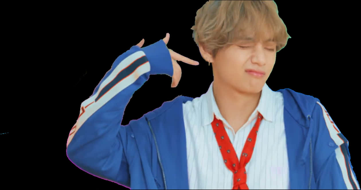 年輕男子身穿藍色外套和紅色領帶做出手勢 — Bts 壁紙