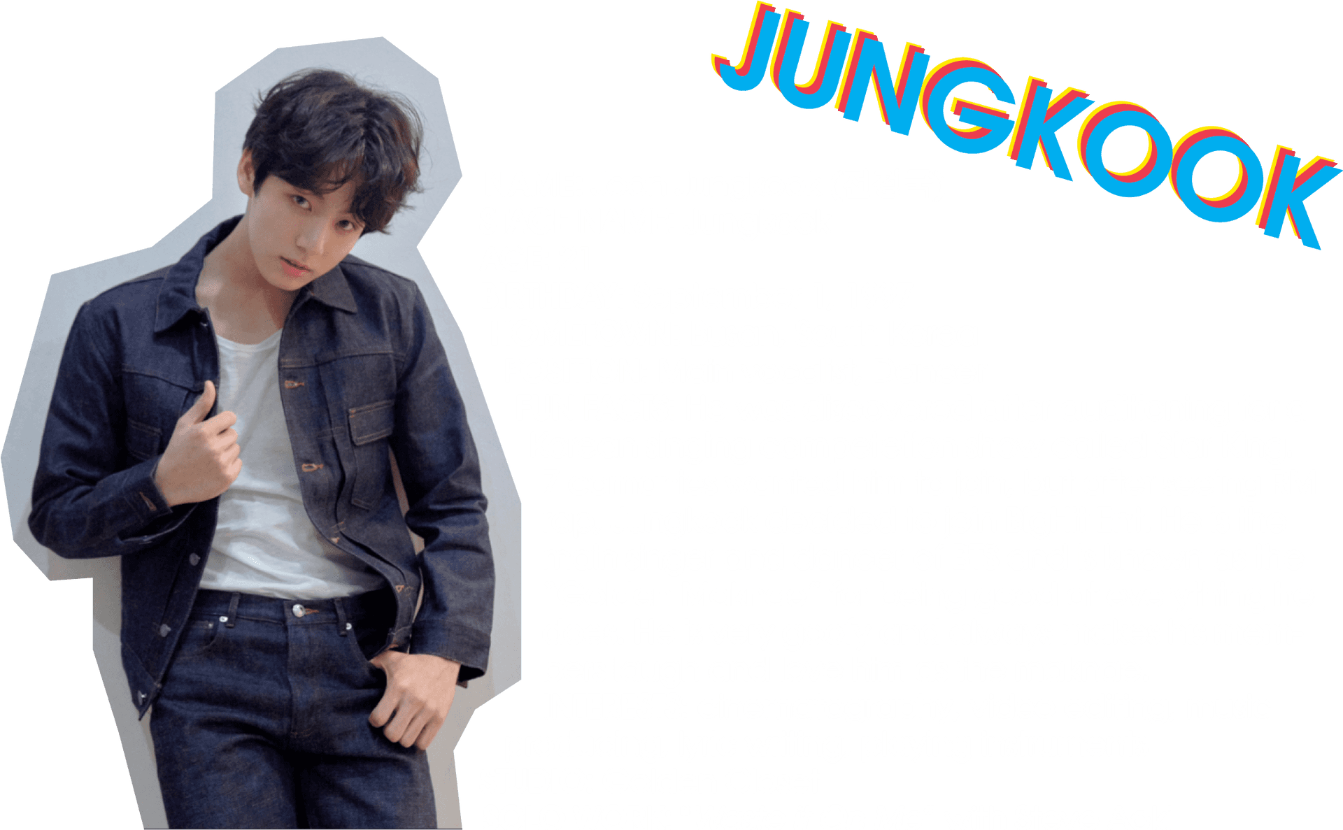K-pop 藝人 Jungkook 身穿牛仔外套的肖像，附有傳記文字。 — Jungkook 壁紙