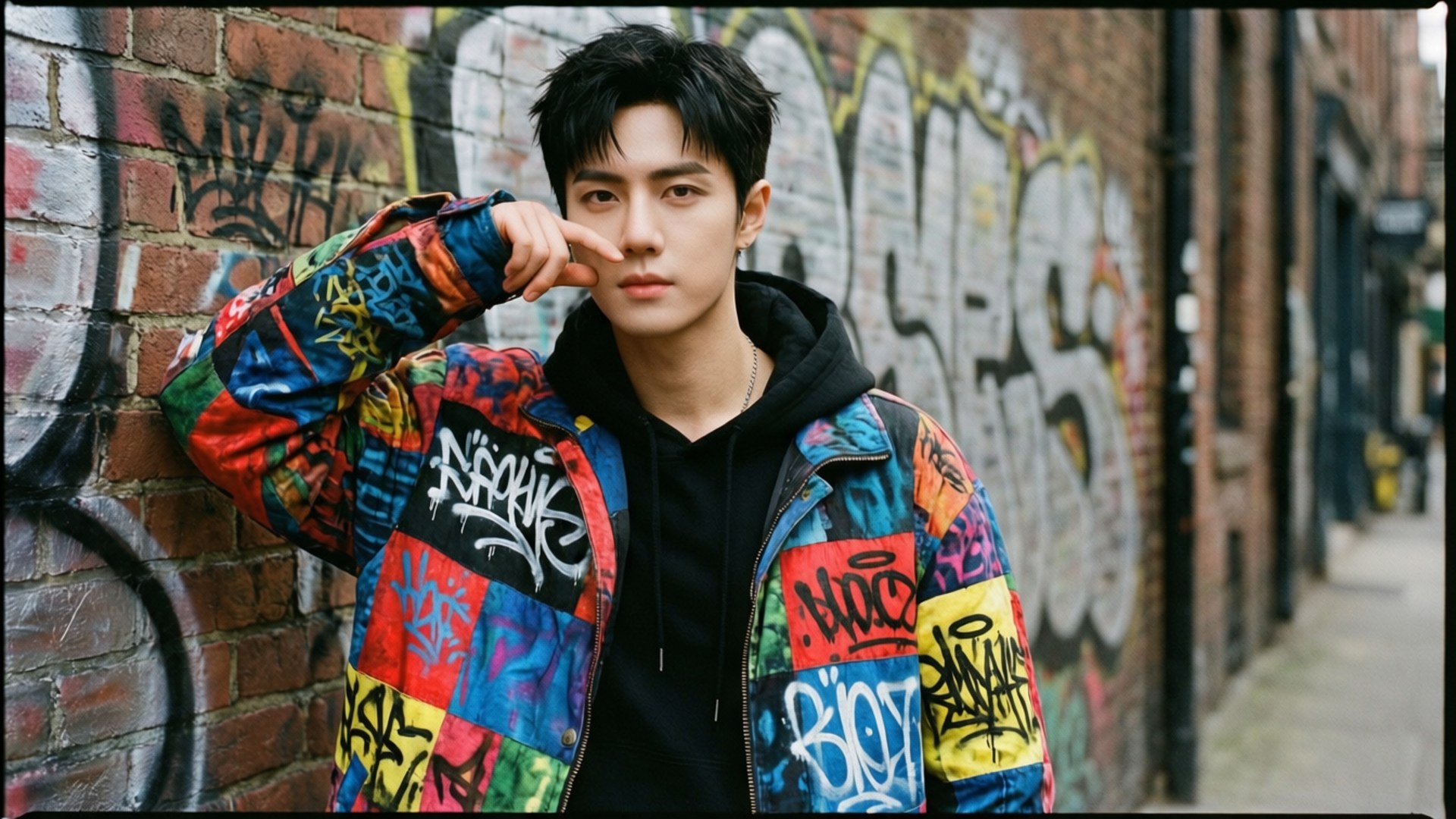 Street Style King 壁紙 — 一個穿著塗鴉外套的年輕男子靠在一幅佈滿鮮豔街頭藝術的磚牆上。