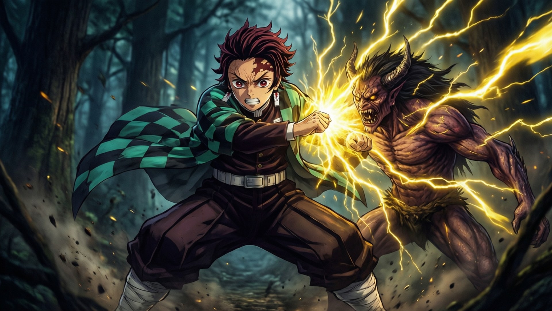 Zenitsu vs Demon 壁紙 — 一個穿著綠色格紋羽織的年輕人在黑暗的森林中與一個有角的惡魔對拳，金色的閃電在他們之間爆發。