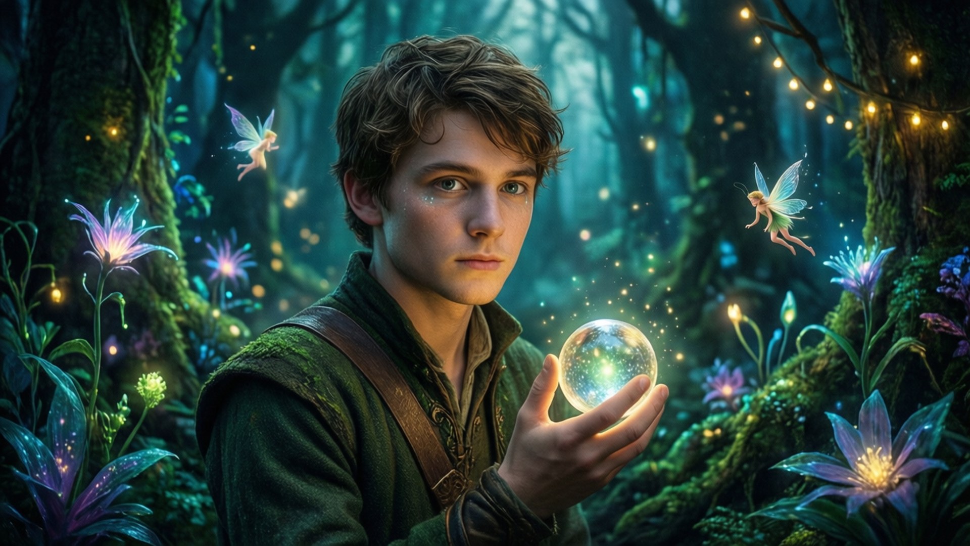 Finnian 桌布 壁紙 — 一位年輕男子在長滿苔蘚的森林中手持發光球體，仙子們在發光的紫色花朵周圍飛舞。