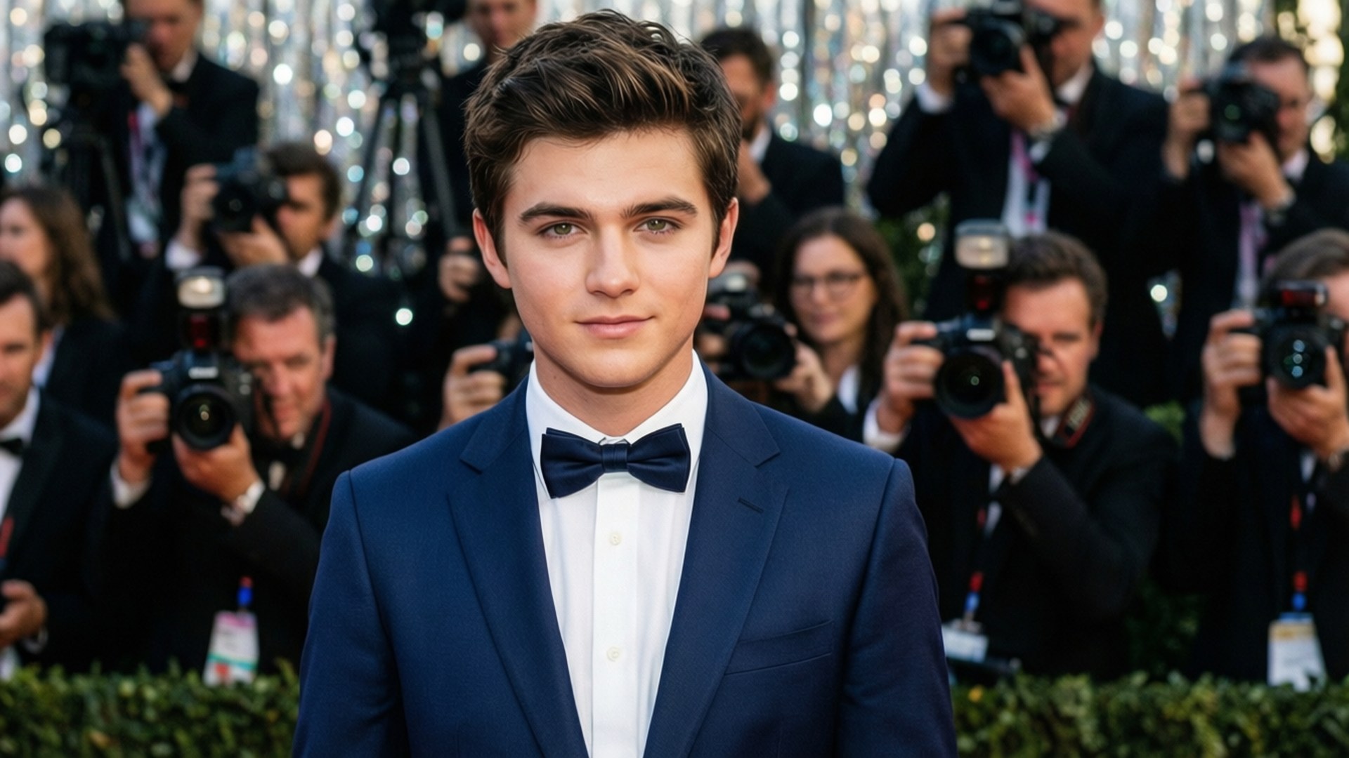 Chris Colfer 桌布 壁紙 — 一位身穿俐落海軍藍西裝和領結的年輕男子，自信地站在紅地毯活動上，周圍閃光燈不斷。