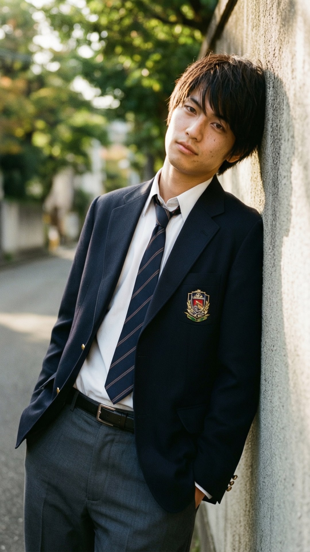 School Uniform Cool 壁紙 — 一名身穿海軍藍校服的年輕男子，在斑駁的陽光下靠著混凝土牆，背景有綠樹。