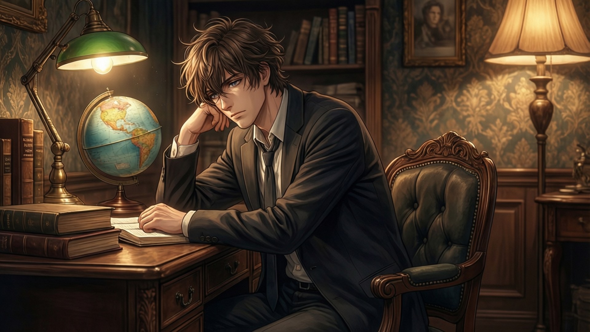 The Scholar's Desk 壁紙 — 一位身穿西裝的年輕男子坐在木桌旁，在溫暖燈光的書房中沉思，周圍環繞著書籍、地球儀和復古燈具。