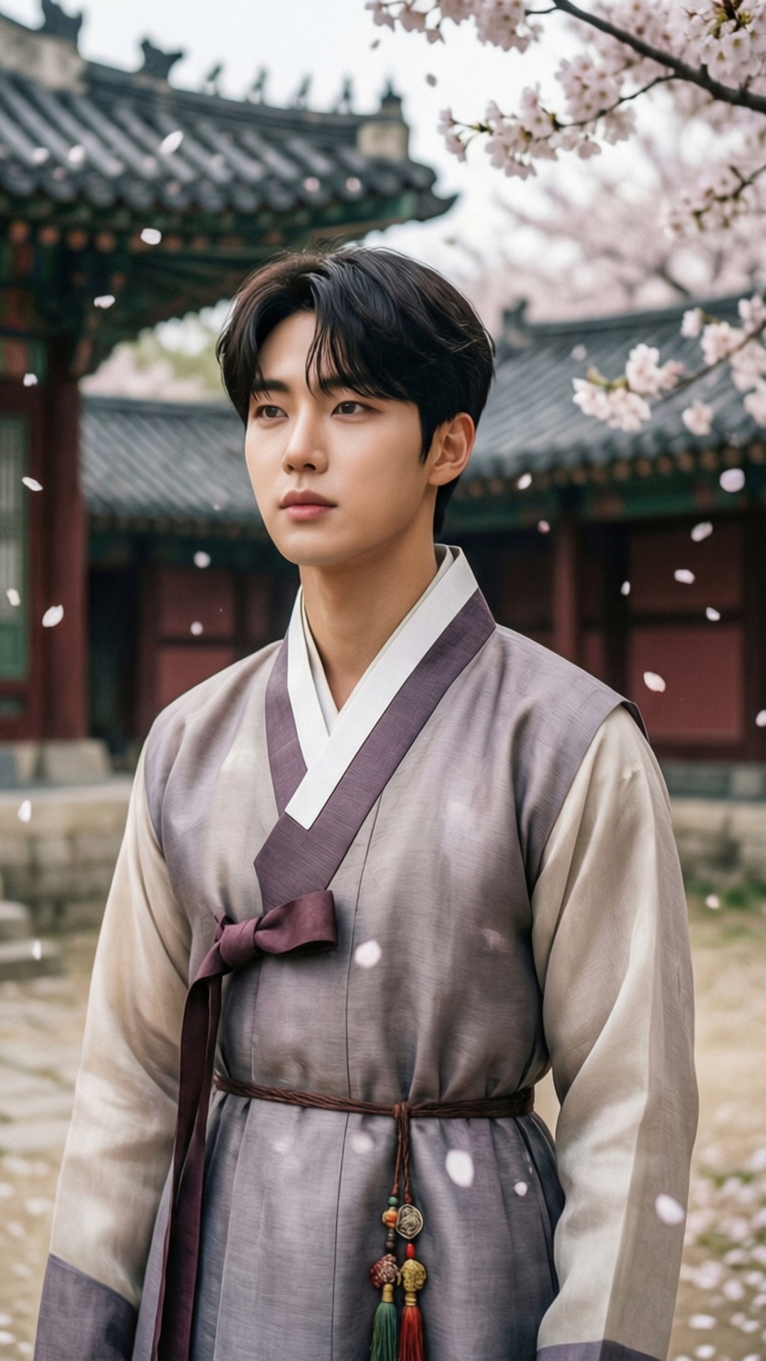 Hanbok in Bloom 壁紙 — 一位穿著傳統韓國韓服的年輕男子站在歷史寺廟屋頂附近飄落的櫻花下。