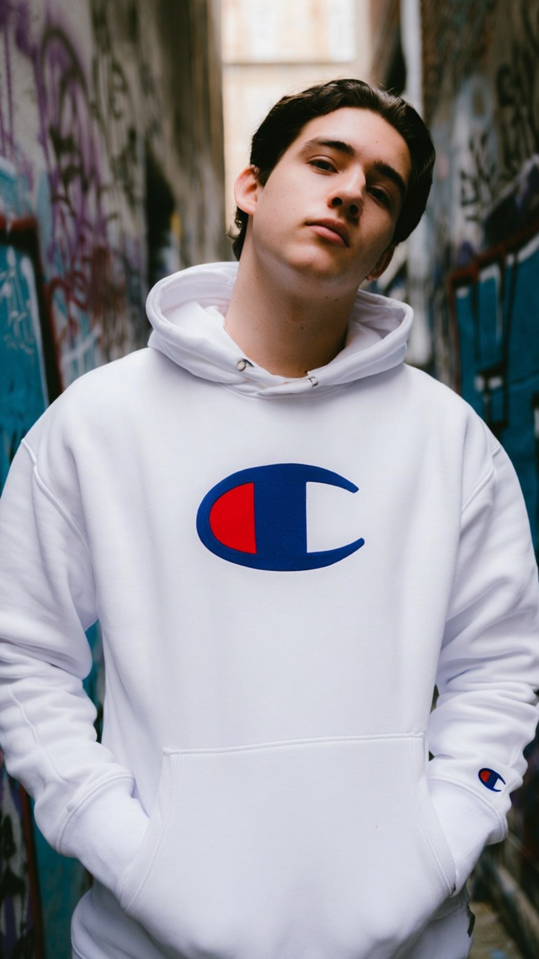 Streetwear Champion Hoodie 壁紙 — 一位身穿白色Champion連帽衫的年輕男子自信地雙手插袋，站在佈滿塗鴉的城市小巷中。