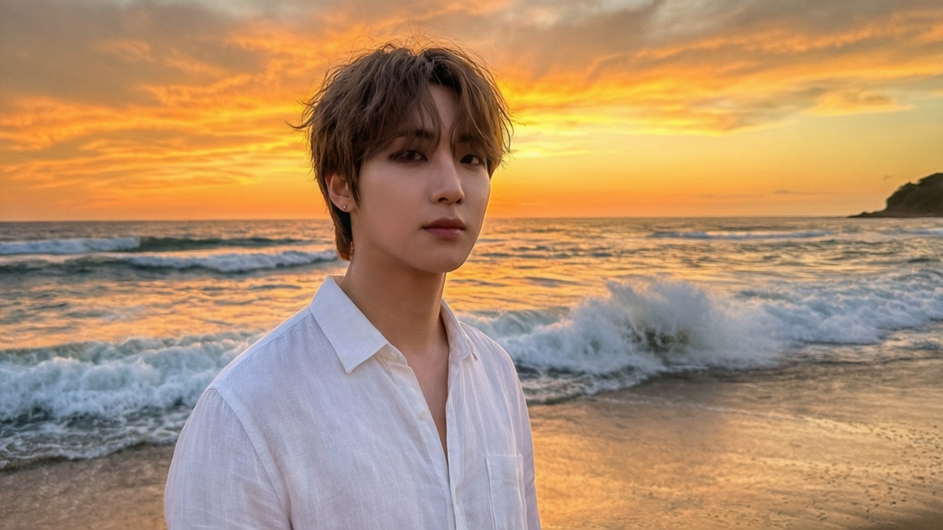Yunhyeong At Sunset 壁紙 — 一個穿著白襯衫的年輕男子站在沙灘上，金色的海浪在熾熱的日落天空下翻騰。
