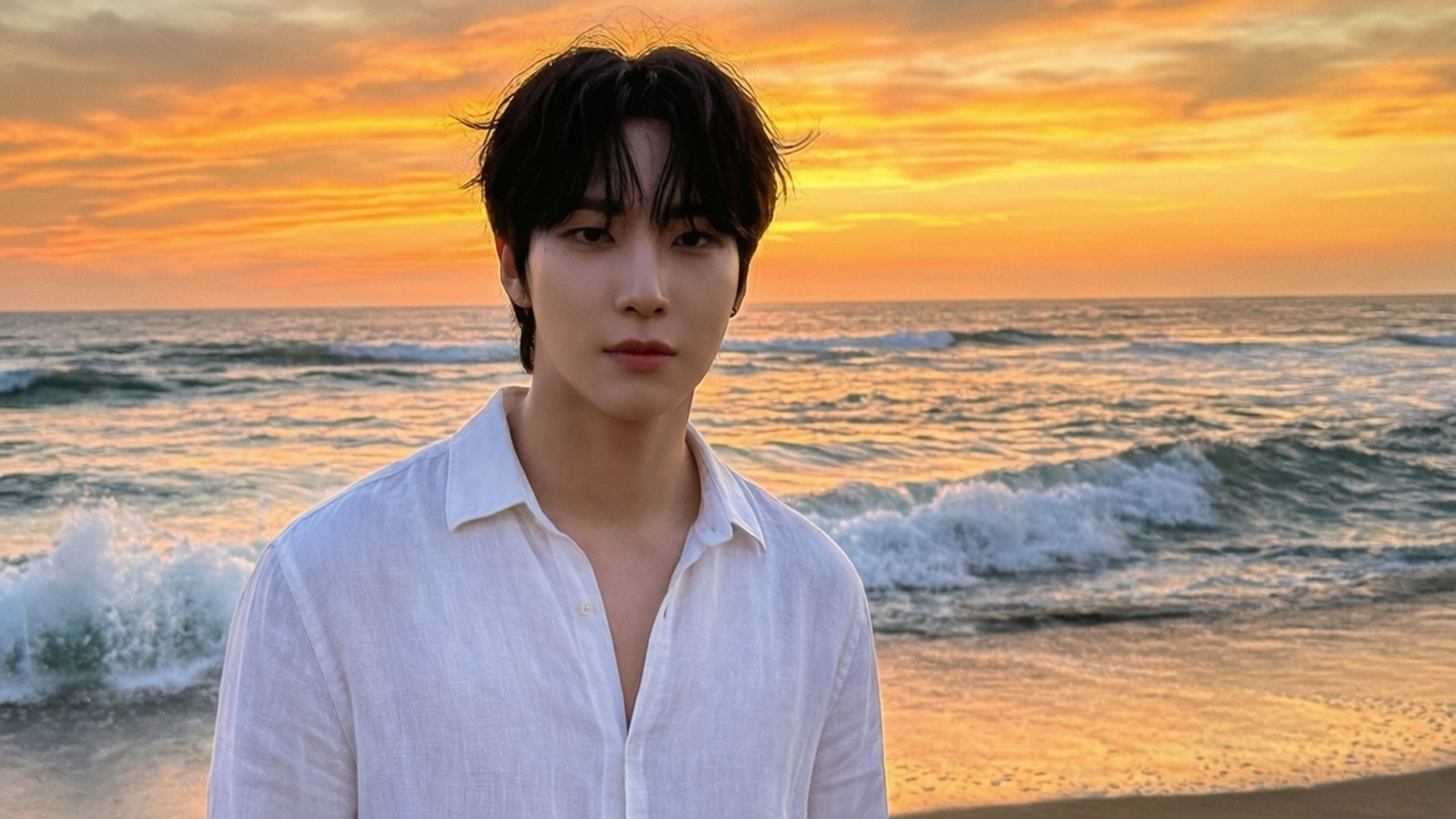 Yunhyeong At Sunset 壁紙 — 一個穿著白襯衫的年輕男子站在沙灘上，金色海浪在熾熱的日落天空下翻騰。