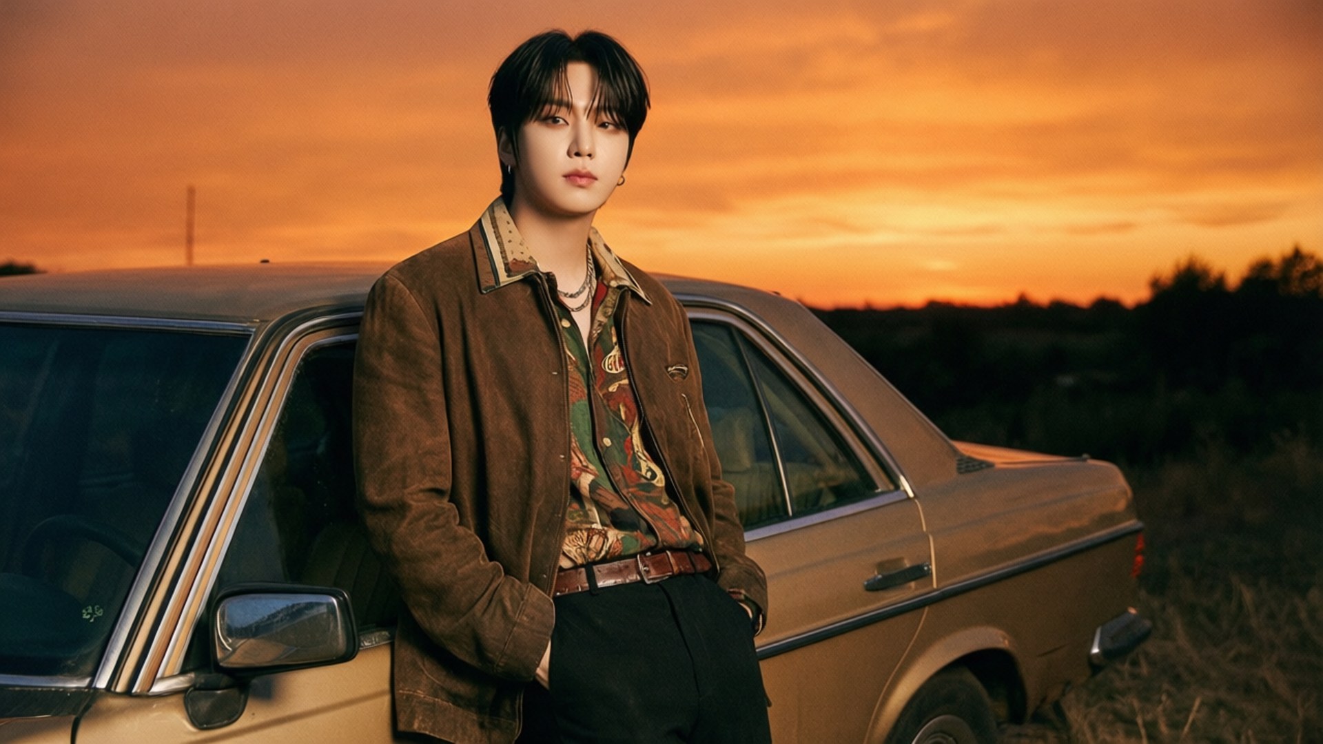 Hyungwon Retro Drive 壁紙 — 一名身穿棕色外套的年輕男子在火熱的橙色夕陽天空下靠在一輛復古車上。