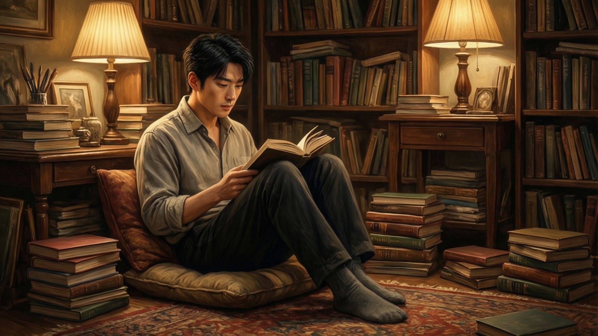 Cozy Library Reading 壁紙 — 一個年輕男子盤腿坐在墊子上，在一個燈光溫暖的圖書館裡，周圍是高聳的書架和成堆的書籍，正在閱讀。