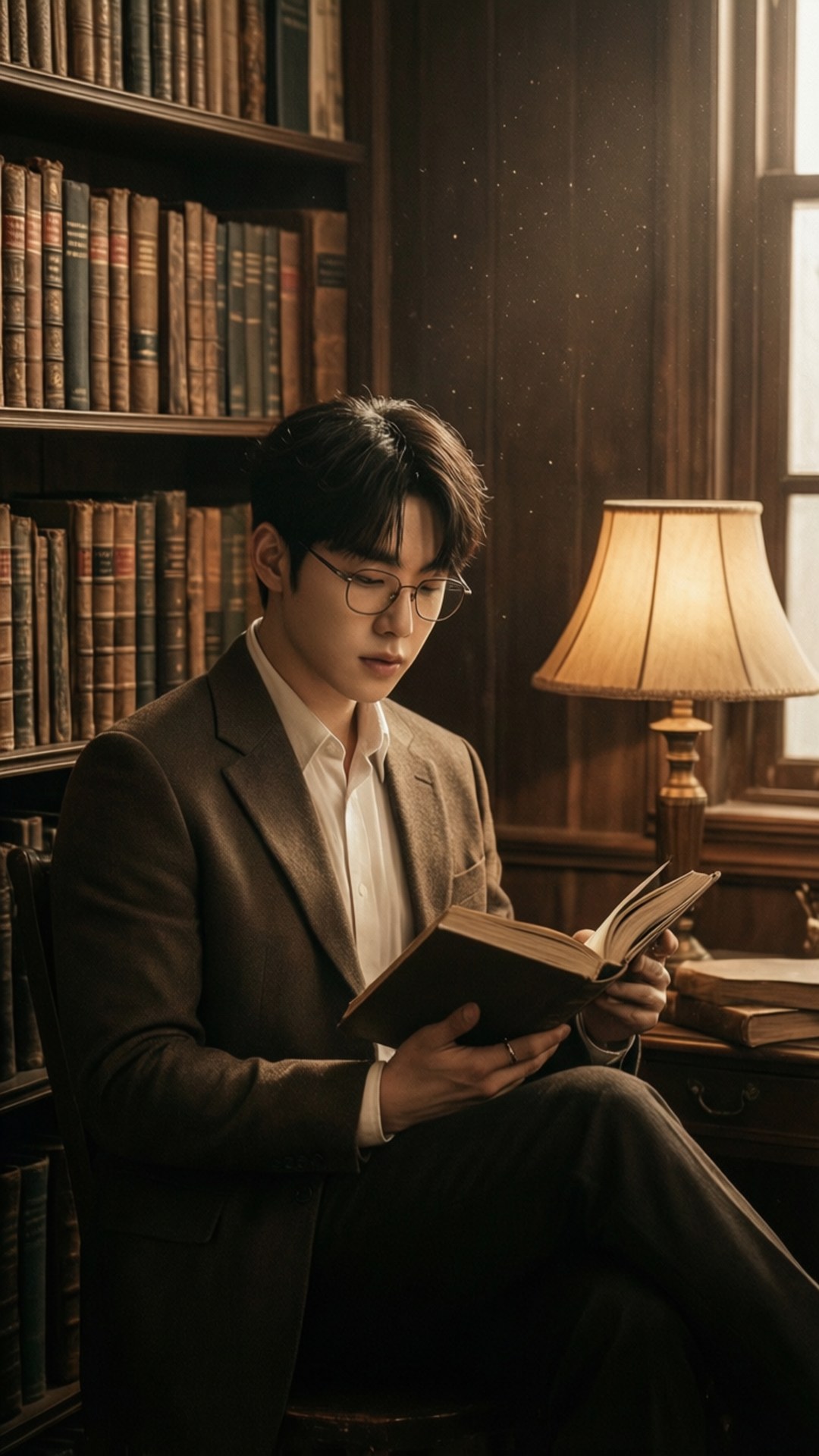 원우 桌布 壁紙 — 一位戴眼鏡的年輕男子在溫暖燈光的圖書館裡看書，周圍有木書架和一盞復古燈。
