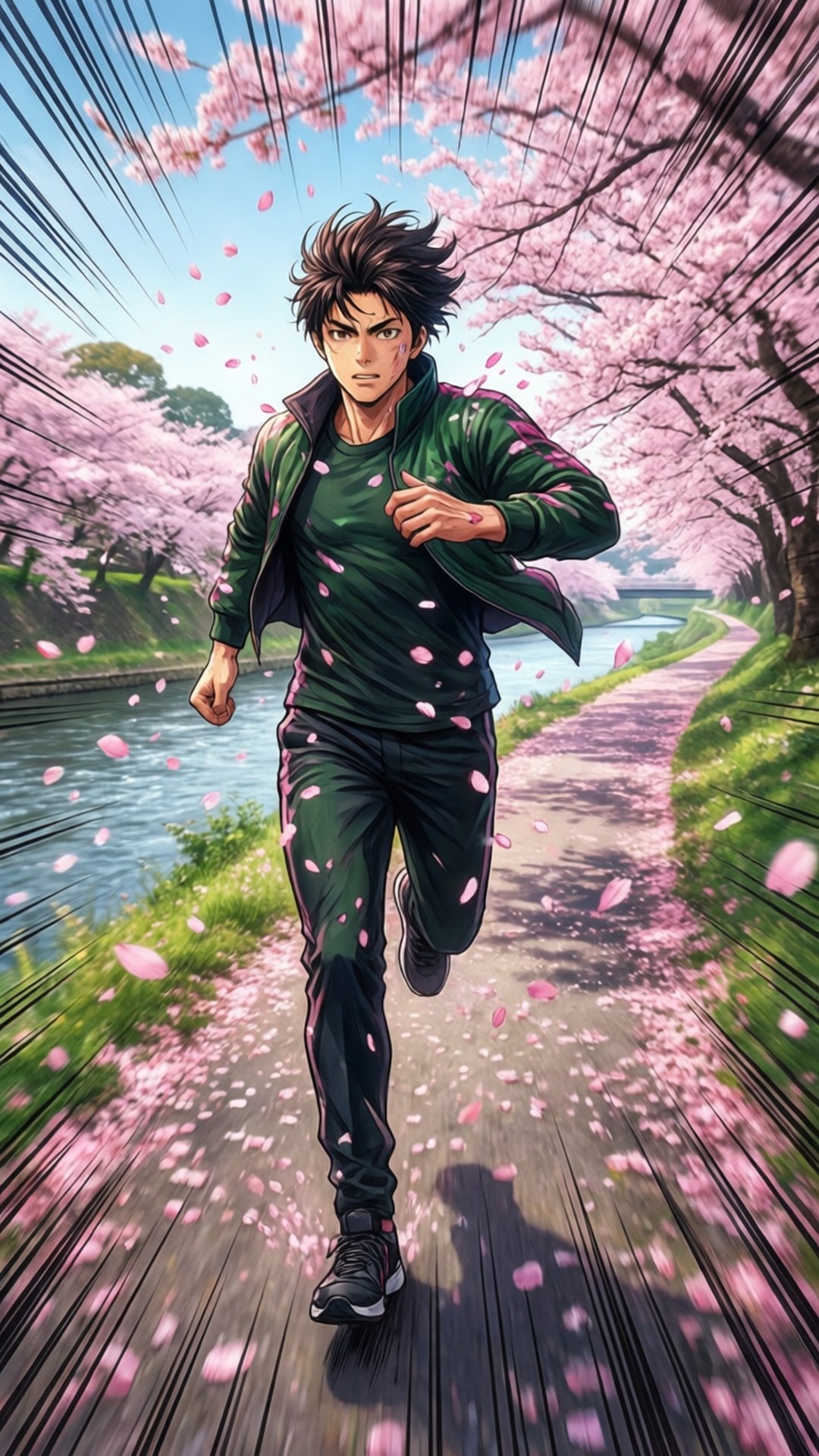Cherry Blossom Run 壁紙 — 一名身穿綠色運動服的年輕男子沿著櫻花盛開的小徑奔跑，粉紅色的花瓣在他周圍旋轉。