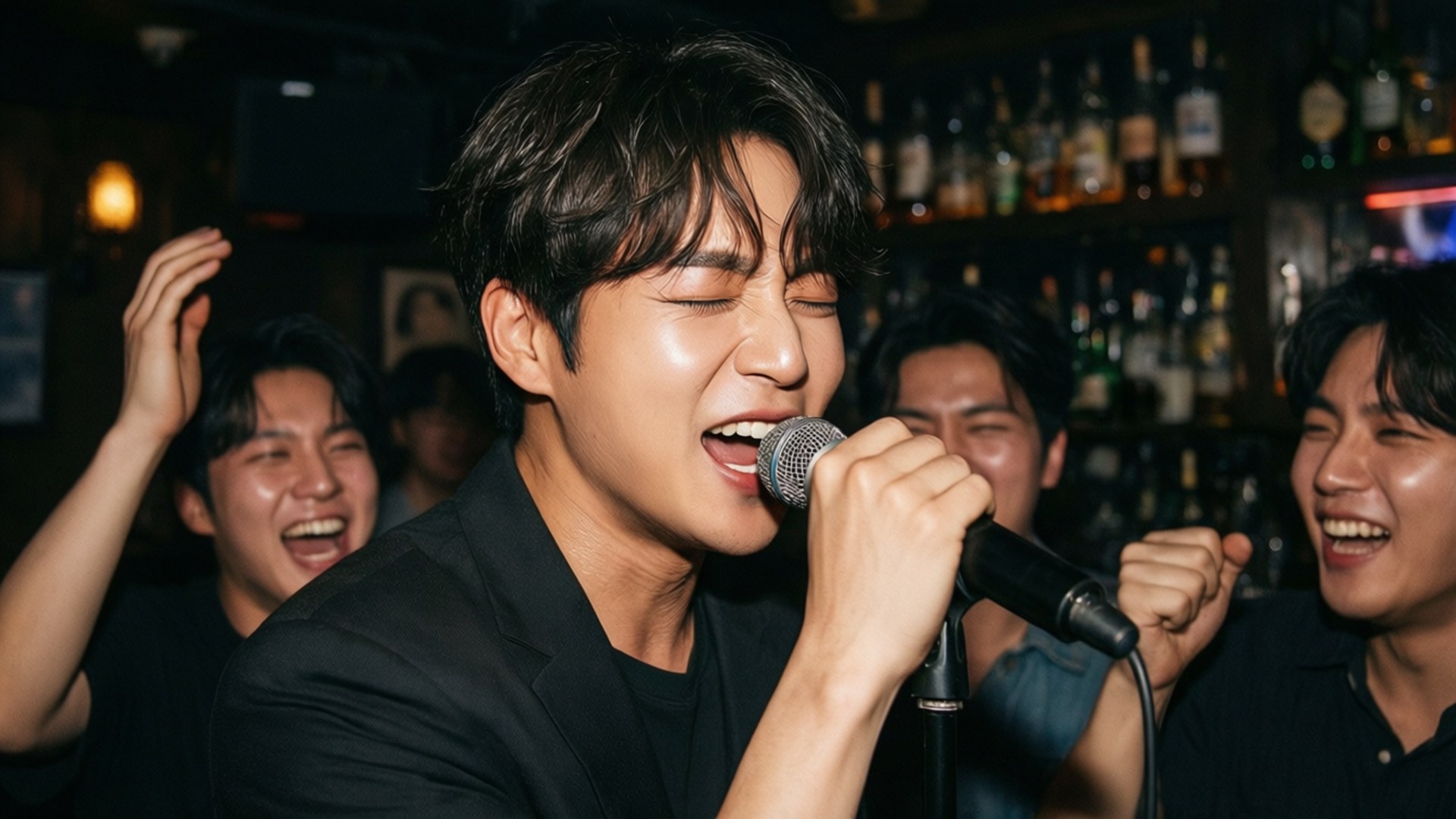 Ik-jun's Karaoke Passion 壁紙 — 一位年輕男子在燈光昏暗的酒吧裡，被歡笑的朋友包圍，熱情地對著麥克風唱歌。