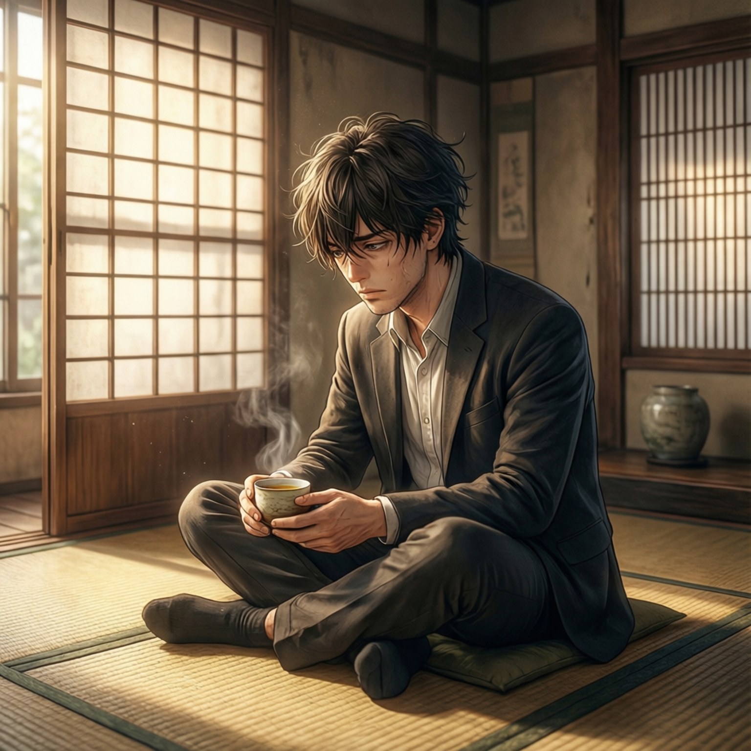 Quiet Tea Moment 壁紙 — 一位年輕男子盤腿坐在傳統日式房間的榻榻米上，手持一杯冒煙的茶，陽光透過障子門灑進來。