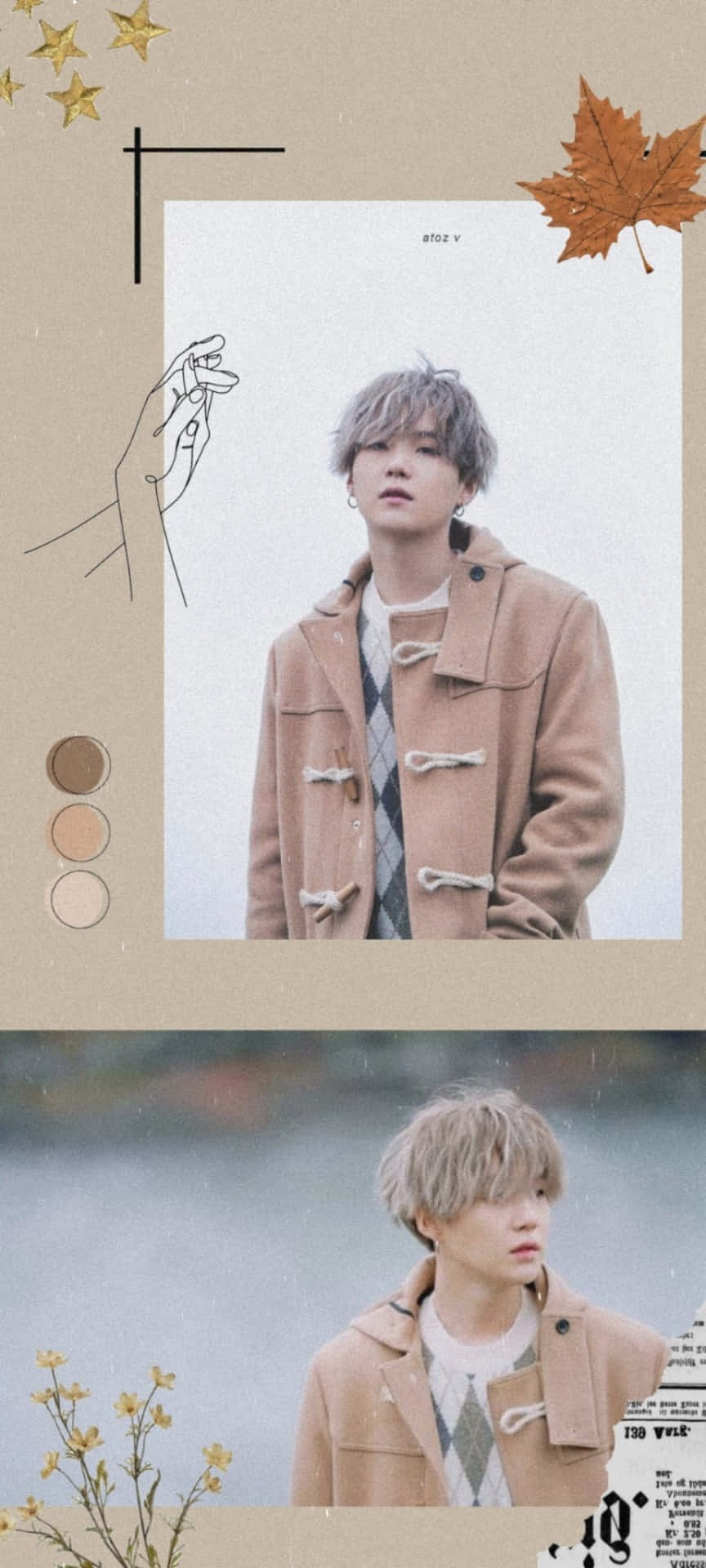 年輕男子穿著淺褐色大衣，搭配秋葉和線條藝術裝飾。 — Bts 壁紙