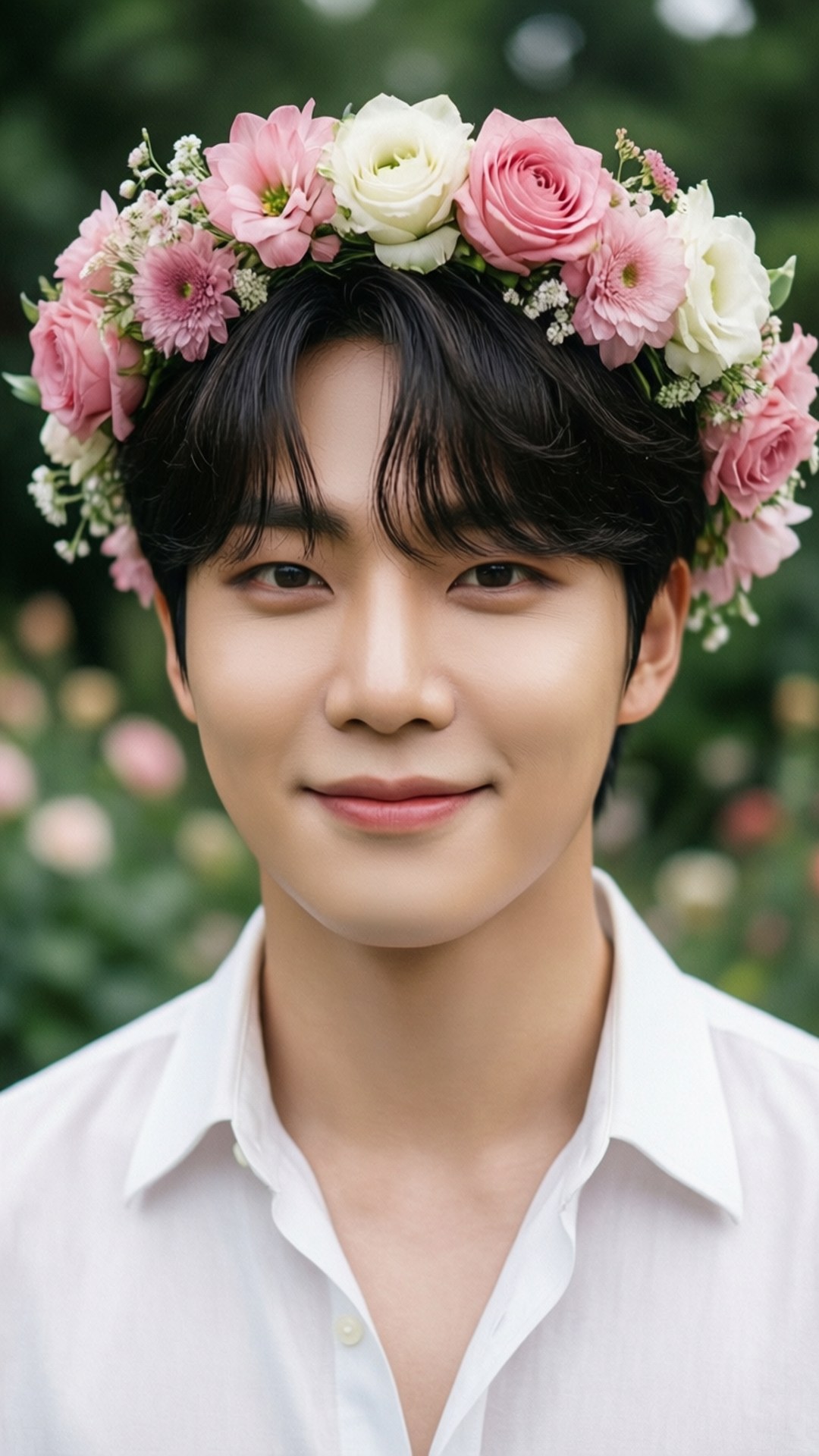 Flower Crown Jimin 壁紙 — 一位黑髮年輕男子戴著粉紅和白色玫瑰及滿天星編成的花冠，背景是柔和模糊的花園。