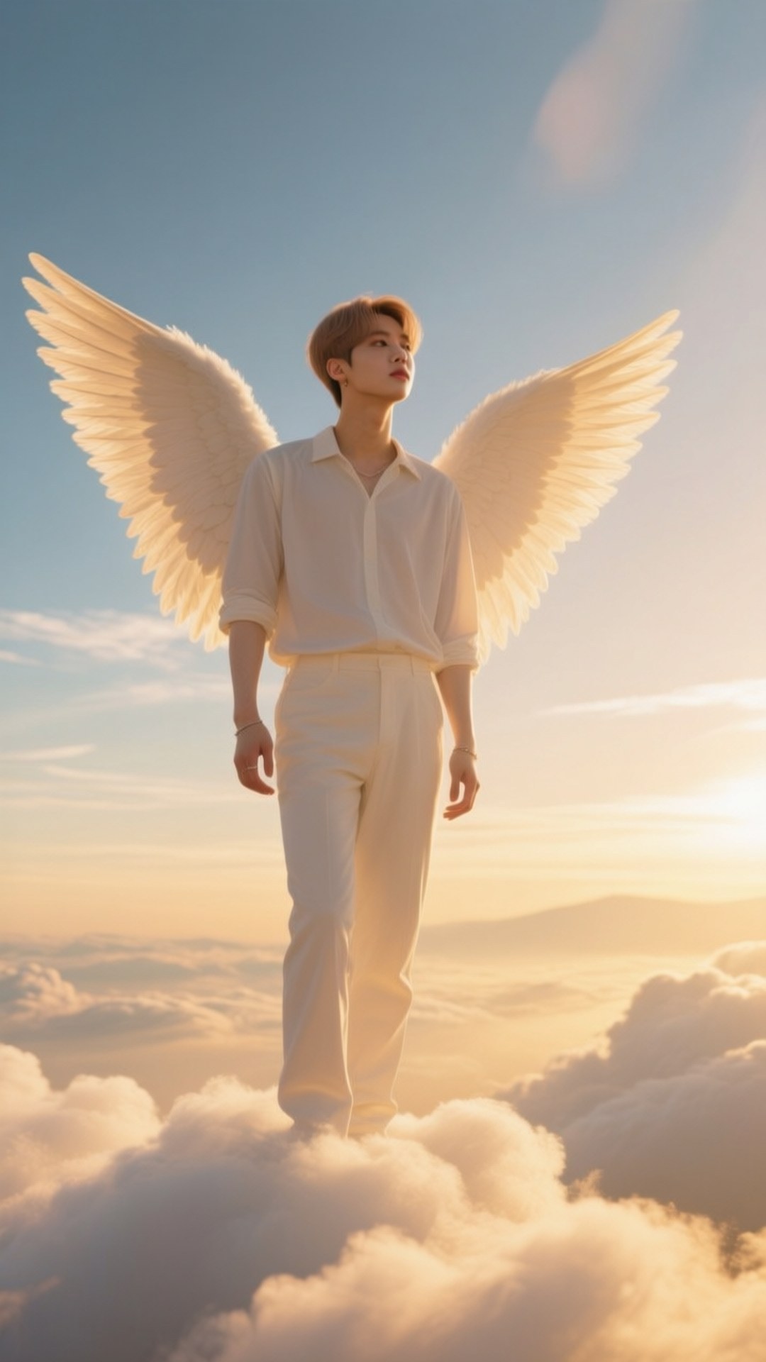 Angel Mark 壁紙 — 一個擁有白色大天使翅膀的年輕男子自信地站在蓬鬆的雲朵上，背景是金色的日落天空。