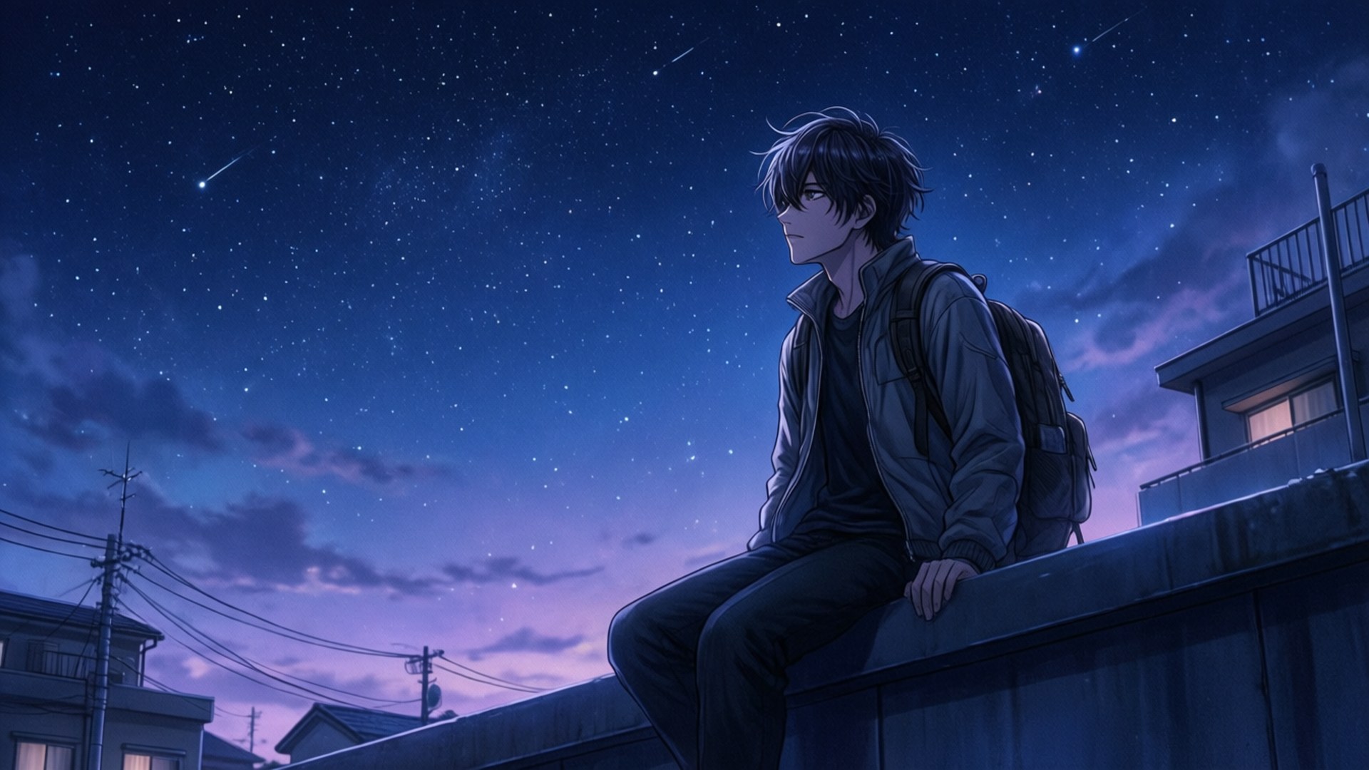 Stargazing Rooftop 壁紙 — 一個背著背包的年輕男子坐在屋頂上，在繁星點點的暮色天空下，有一顆流星劃過。