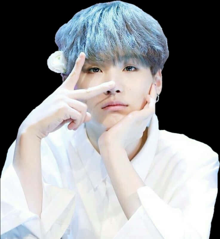 藍髮白花年輕男子用手指姿勢擺姿勢。 — K Pop 壁紙