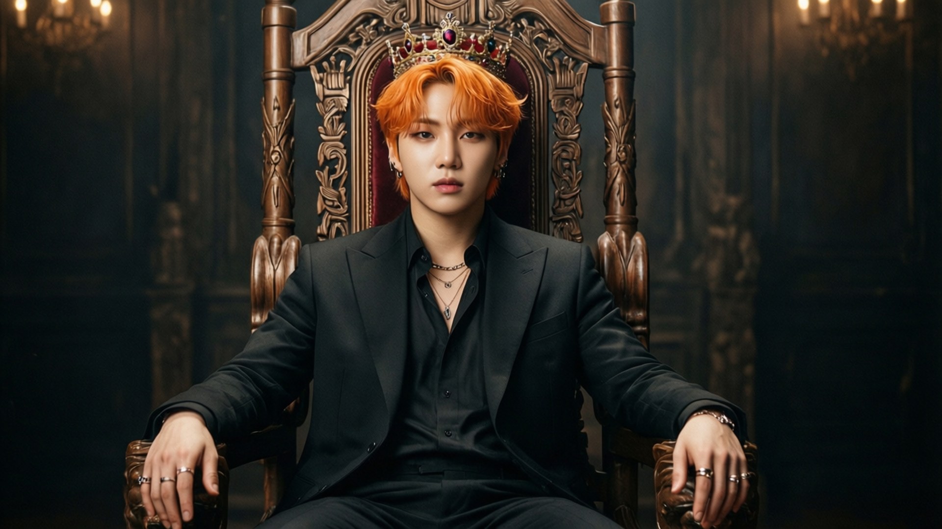 G-Dragon 桌布 壁紙 — 一位擁有鮮豔橙色頭髮的年輕男子，在戲劇性燈光下，身穿黑色西裝，頭戴鑲有寶石的王冠，威嚴地坐在華麗的王座上。