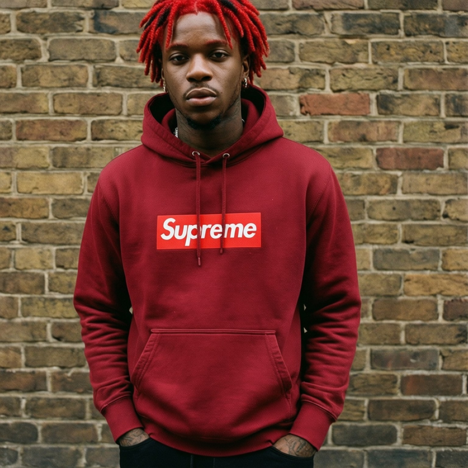Red Hair Supreme 壁紙 — 一位年輕男子擁有鮮紅色的辮子，自信地站在風化的磚牆前，穿著一件大膽的紅色Supreme連帽衫。