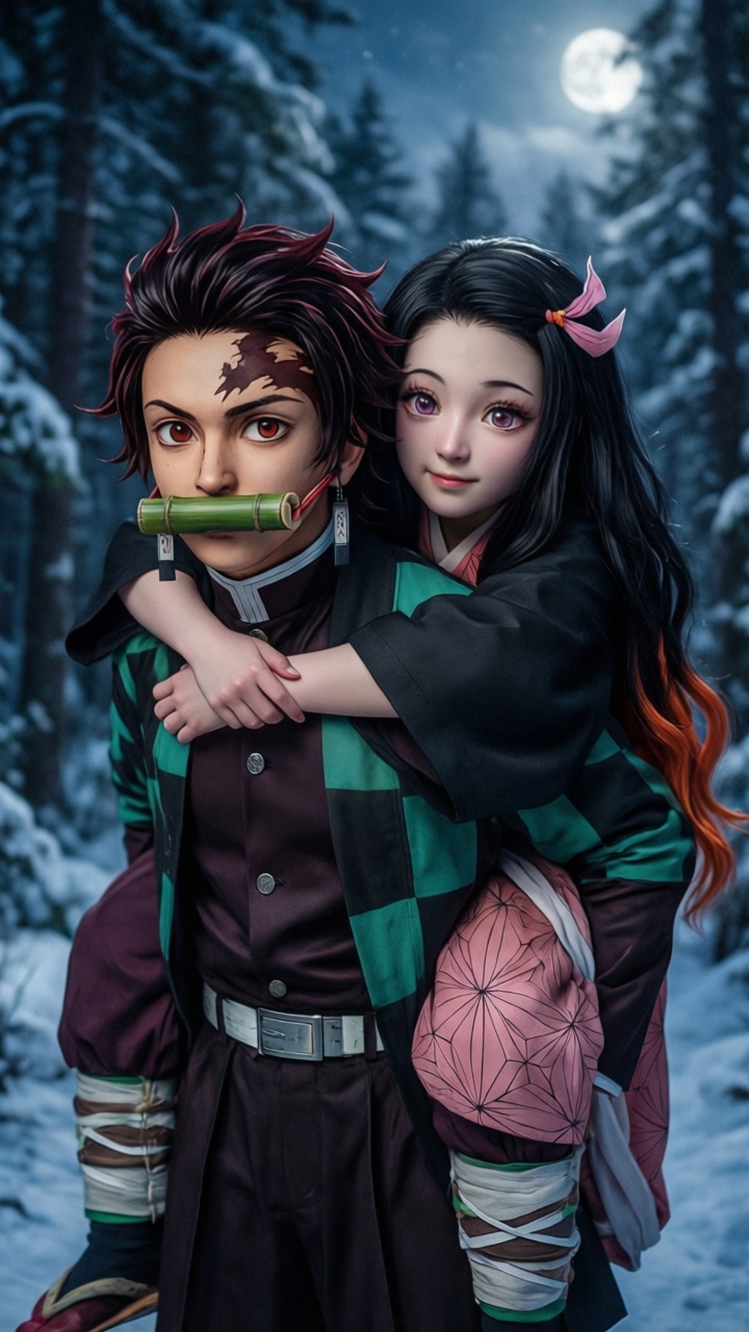 Tanjiro Carrying Nezuko 壁紙 — 一個紅髮青年用竹管背著一個黑髮粉紅髮夾的女孩穿過滿月下的雪林。