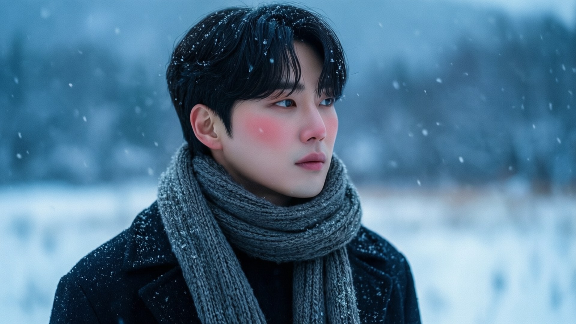 Winter Whispers 壁紙 — 一個臉頰紅潤、深色頭髮上沾著雪花的年輕男子，在雪白的冬日風景中若有所思地凝視著。