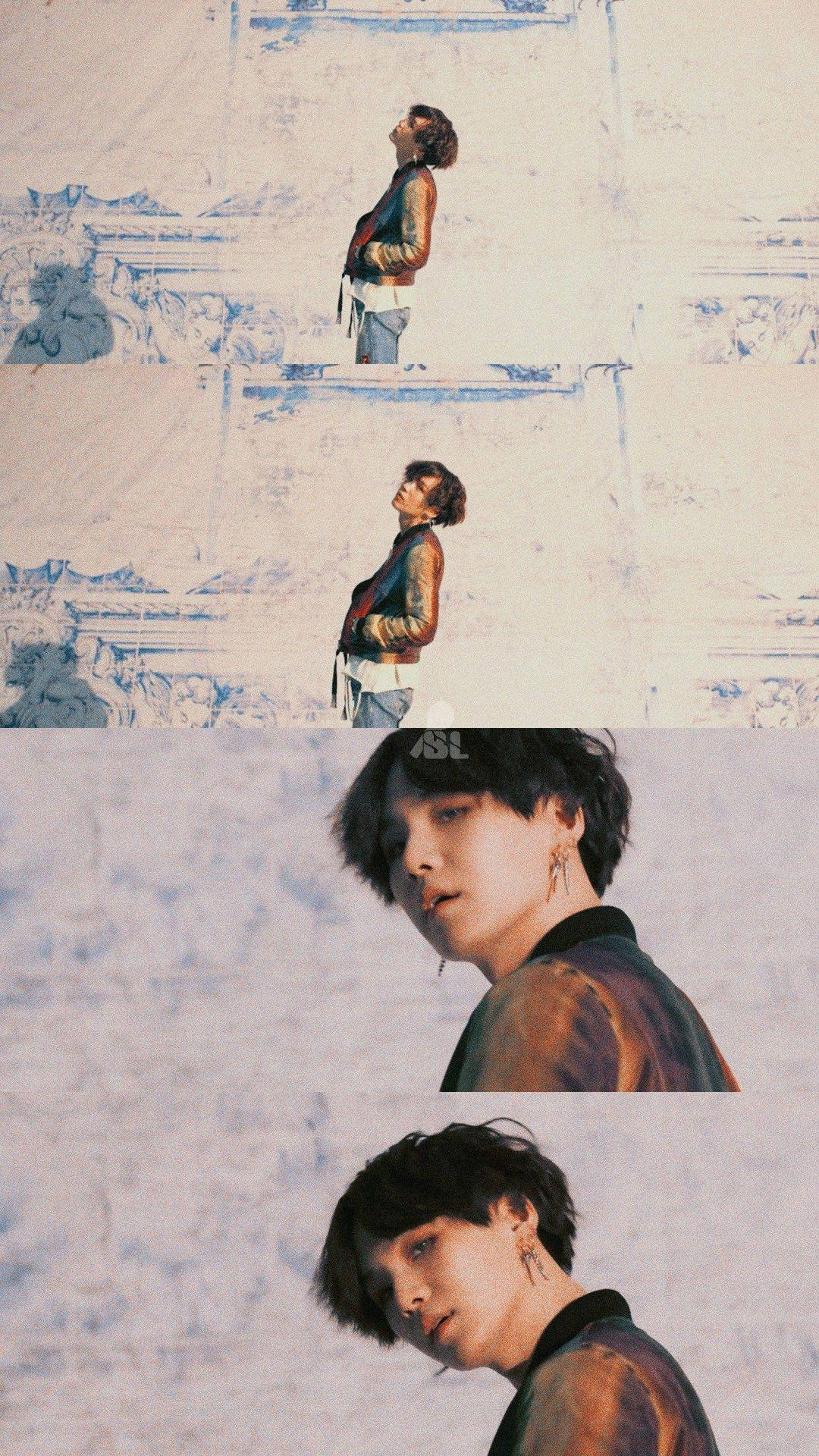 有刺青的年輕男子在素描般的藍白背景上向上看。 — Bts 壁紙