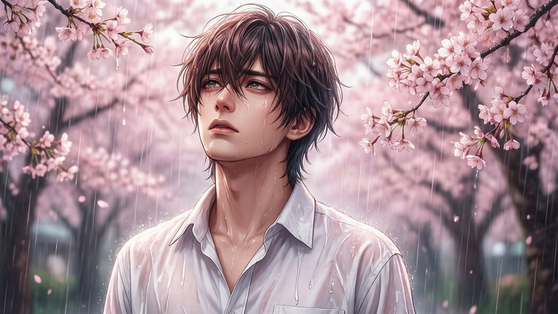 Cherry Blossom Yuri 壁紙 — 一個濕透棕色頭髮的年輕男子站在落雨中，周圍是盛開的粉紅色櫻花。