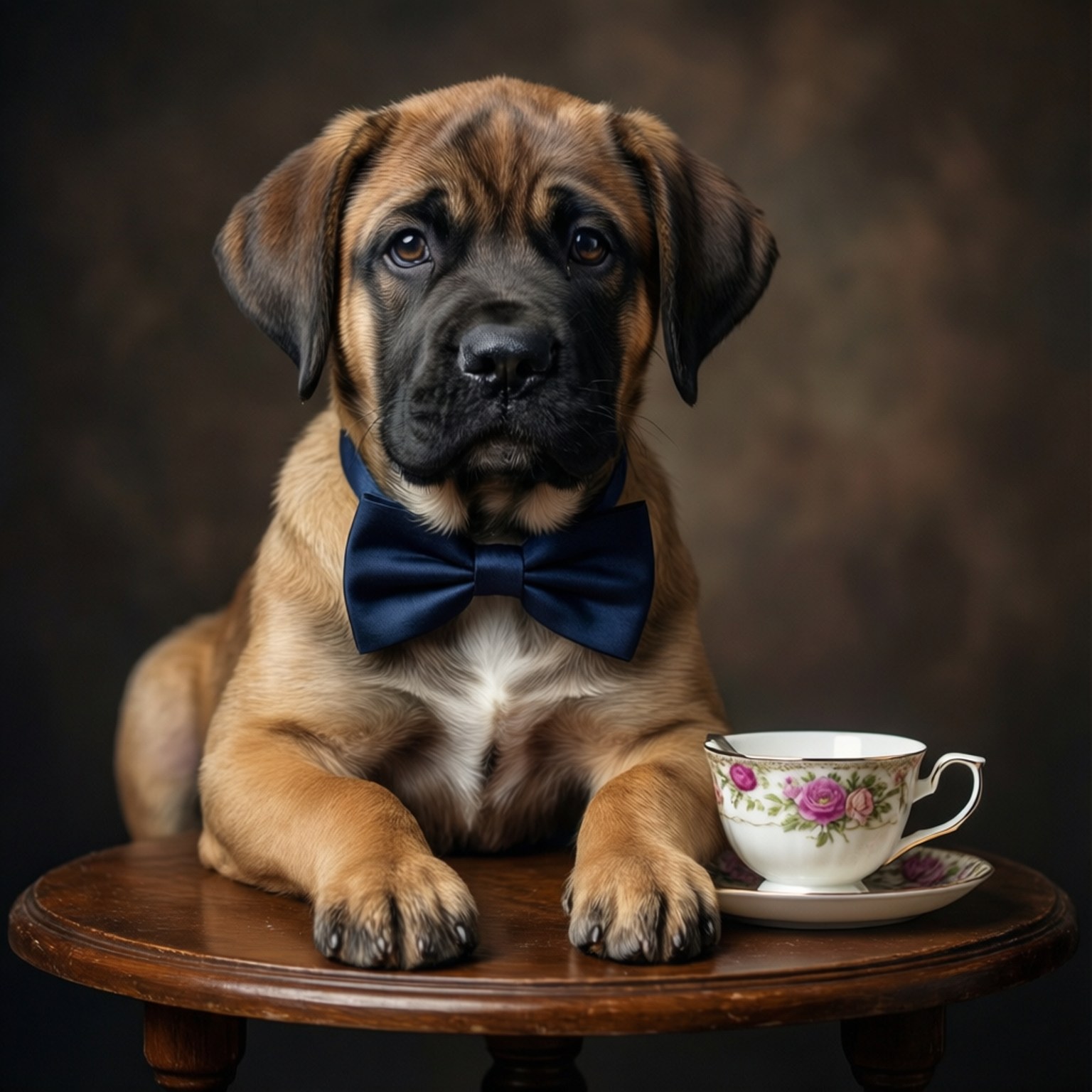 Tea Time Puppy 壁紙 — 一隻年輕的獒犬幼犬戴著海軍藍色蝴蝶結，威風凜凜地坐在木桌上，旁邊放著一個花卉圖案的茶杯和碟子。