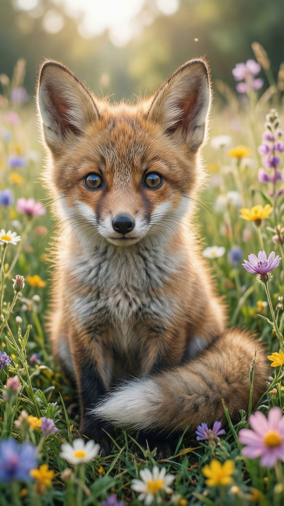 Fox in Flower Field 壁紙 — 一隻年輕的紅狐警覺地坐在陽光明媚、開滿五顏六色野花的草地上。