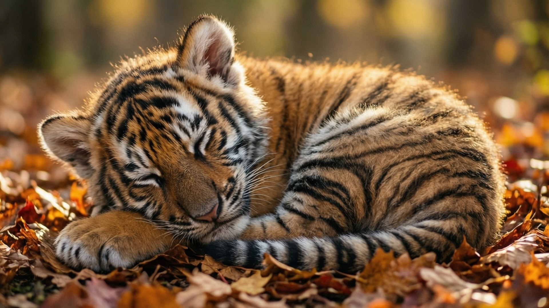 Autumn Slumber 壁紙 — 一隻幼虎在陽光明媚的森林中，蜷縮在金黃色的秋葉間安詳地睡著。