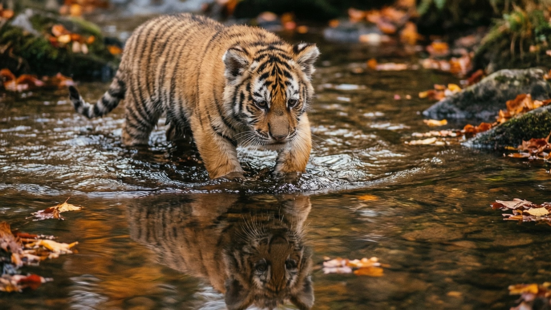 Baby Tiger Walking in Stream 壁紙 — 一隻帶有橙色條紋的年輕老虎幼崽在淺溪中涉水，周圍環繞著秋天的落葉。