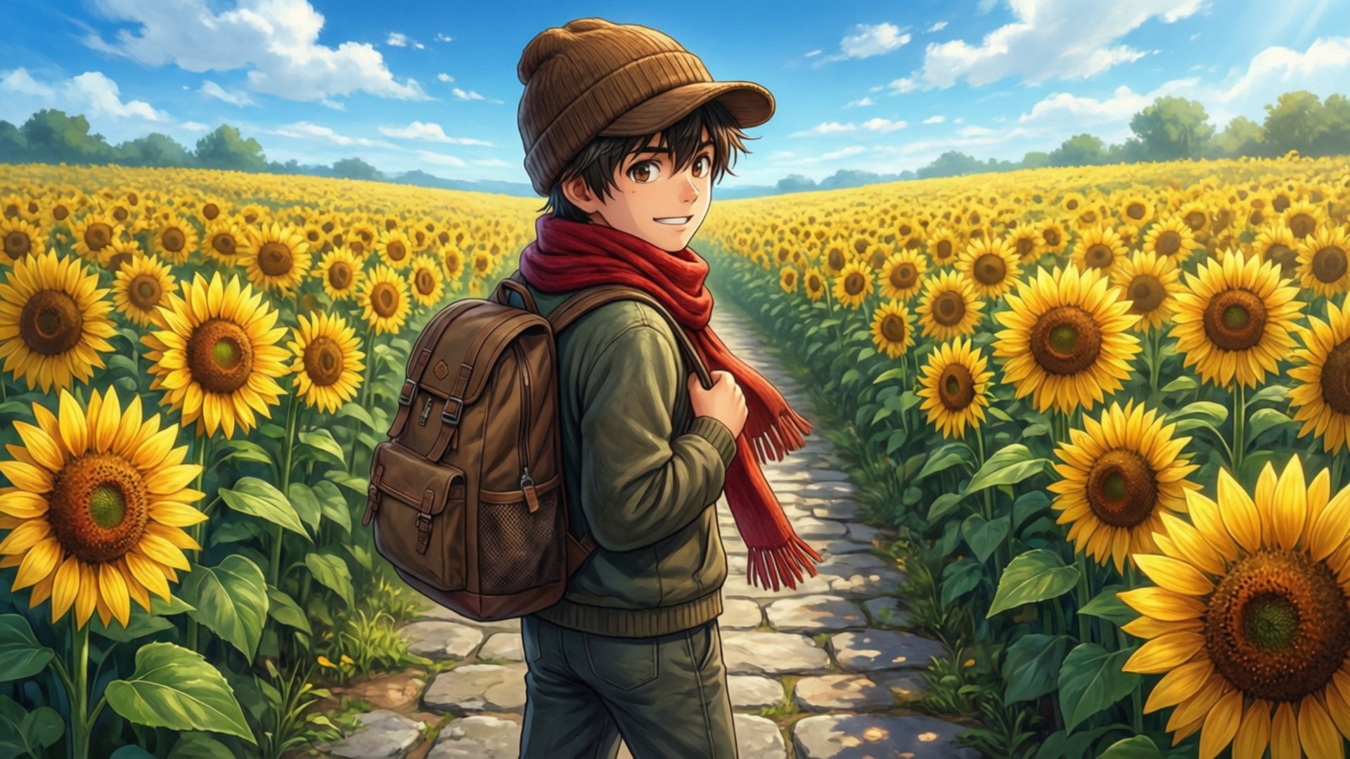 Sunflower Journey 壁紙 — 一位年輕的旅行者背著背包，戴著紅色圍巾，微笑著沿著一條石徑走過一片廣闊的亮黃色向日葵田，天空湛藍，白雲朵朵。