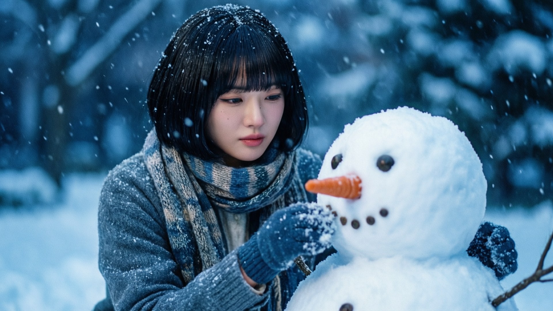 Snowy Tata Fun 壁紙 — 一位穿著冬季外套和圍巾的年輕女子，在雪花飄落時，輕輕地將雪放在雪人的臉上。