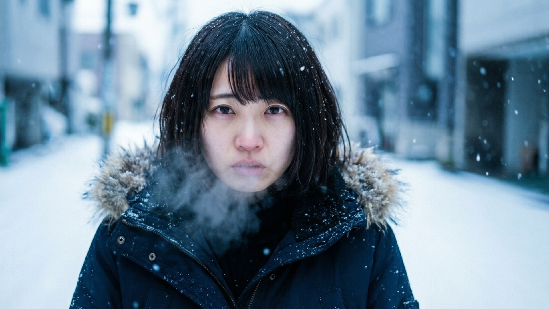 Winter Silence 壁紙 — 一位年輕女性穿著深色冬季外套，帶有毛皮飾邊，站在積雪的都市街道上，雪花在她周圍飄落，口中呼出蒸汽。