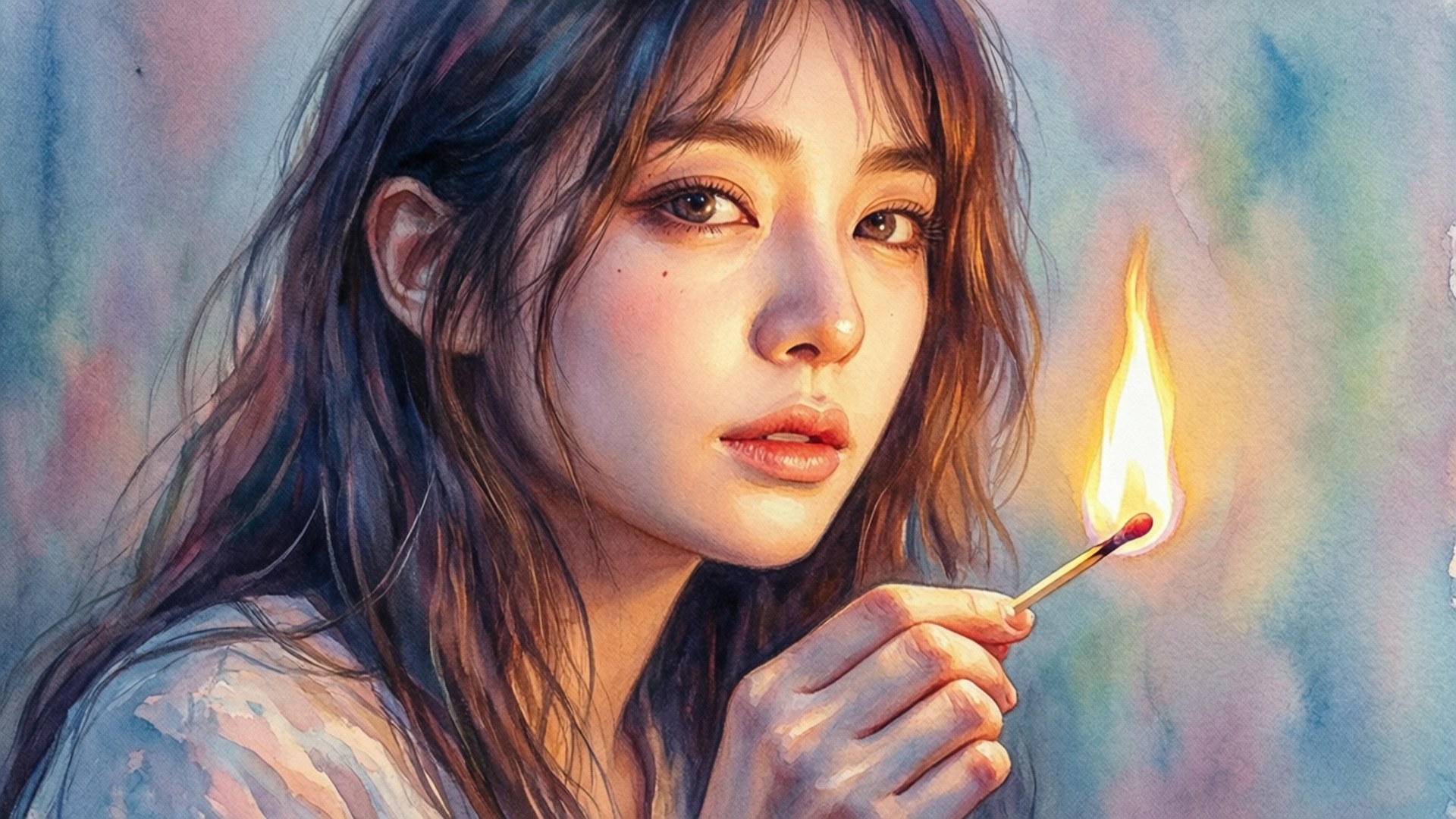 Minene Uryuu 桌布 壁紙 — 一位年輕女子眼神柔和，手持點燃的火柴，在夢幻水彩背景上投射出溫暖的光芒。
