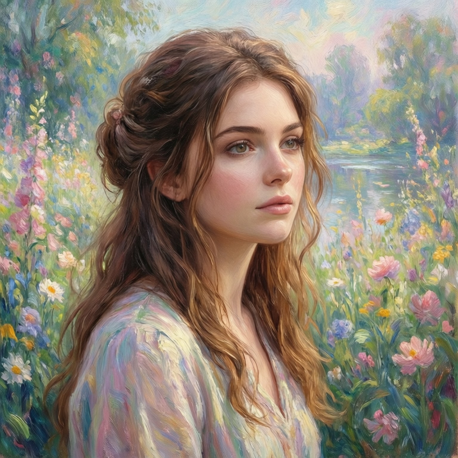 Maddison Brown 桌布 壁紙 — 一位擁有波浪棕色頭髮的年輕女性站在柔和天空下寧靜河流旁充滿活力的野花田中。