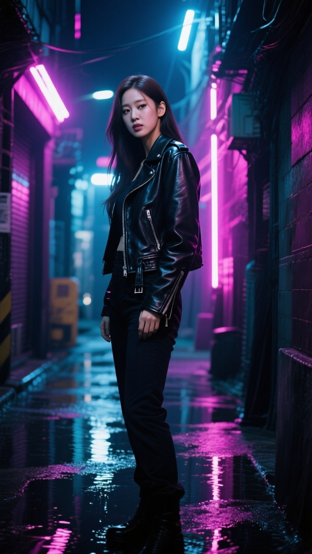 Neon Alley Taeyeon 壁紙 — 一位穿著黑色皮夾克的年輕女子站在被雨水浸濕的巷弄中，被鮮豔的粉紅色和藍色霓虹燈照亮。