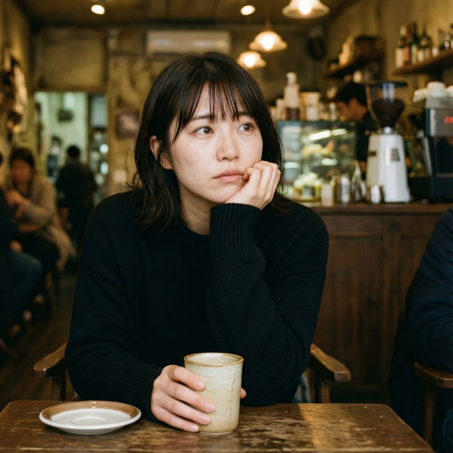 Coffee Break 壁紙 — 一位身穿黑色毛衣的年輕女子，在溫暖燈光的咖啡館裡，將下巴擱在手上，同時在木桌上拿著一個陶瓷杯。